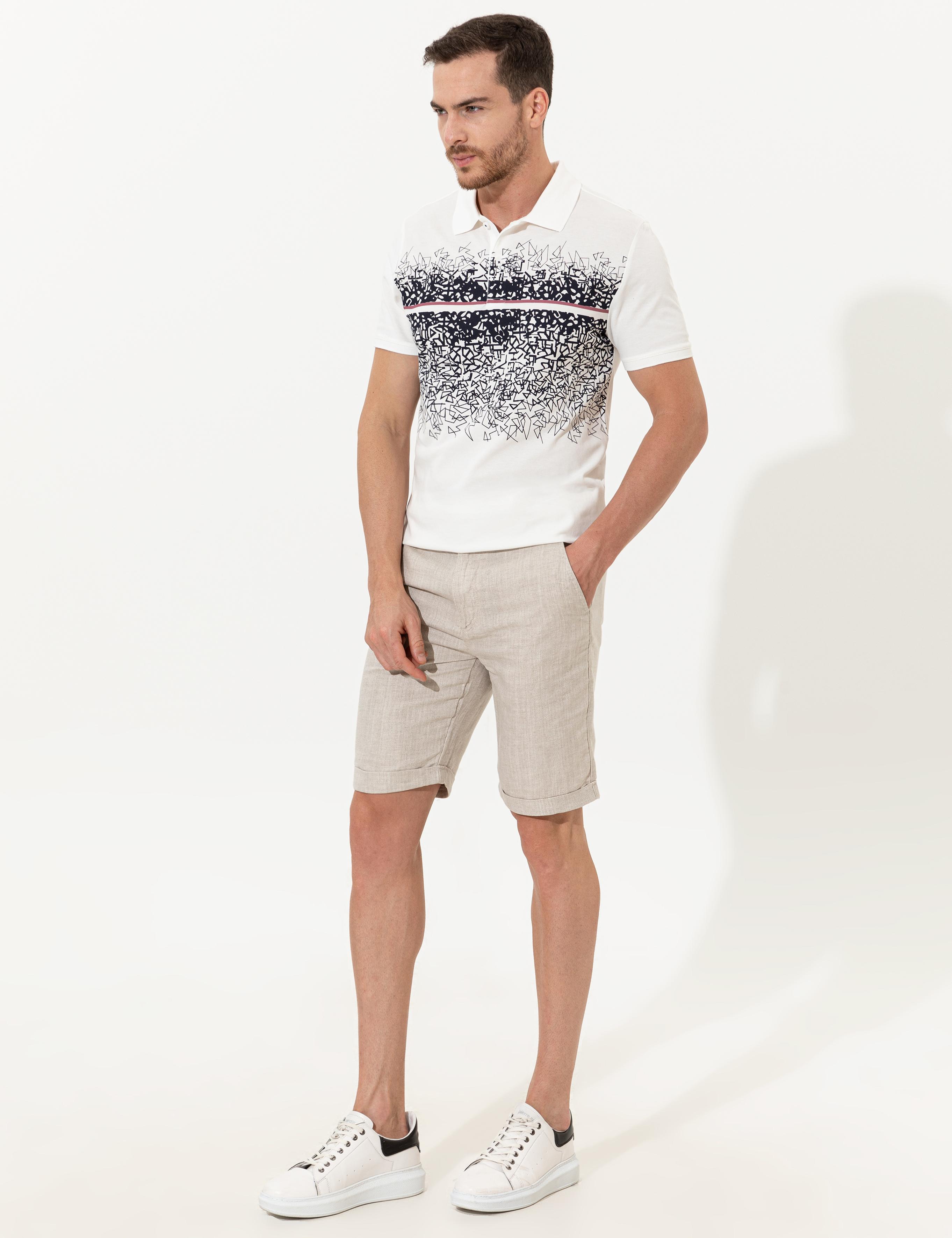 Bej Slim Fit Keten Karışımlı Beli Lastikli Bağcıklı Bermuda Şort