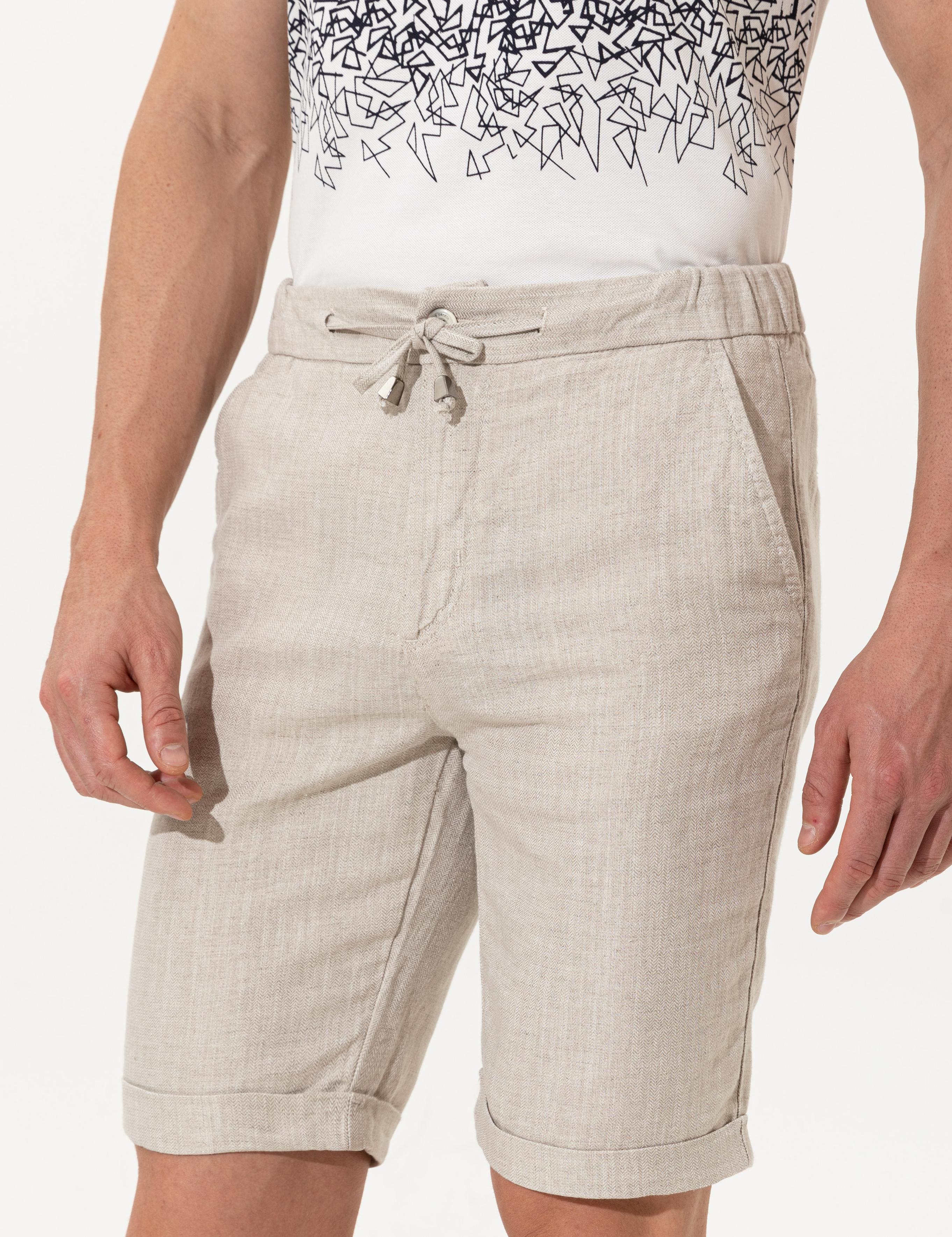Bej Slim Fit Keten Karışımlı Beli Lastikli Bağcıklı Bermuda Şort