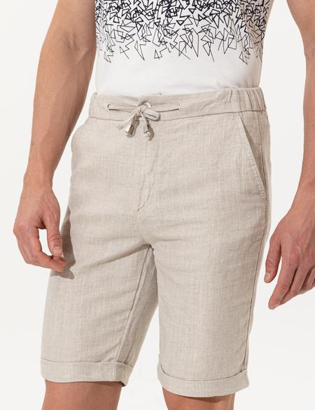 Bej Slim Fit Keten Karışımlı Beli Lastikli Bağcıklı Bermuda Şort - 50251548008