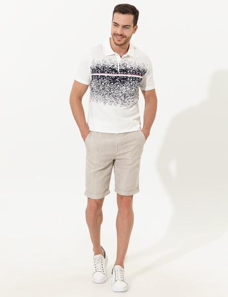 Bej Slim Fit Keten Karışımlı Beli Lastikli Bağcıklı Bermuda Şort - 50251548008