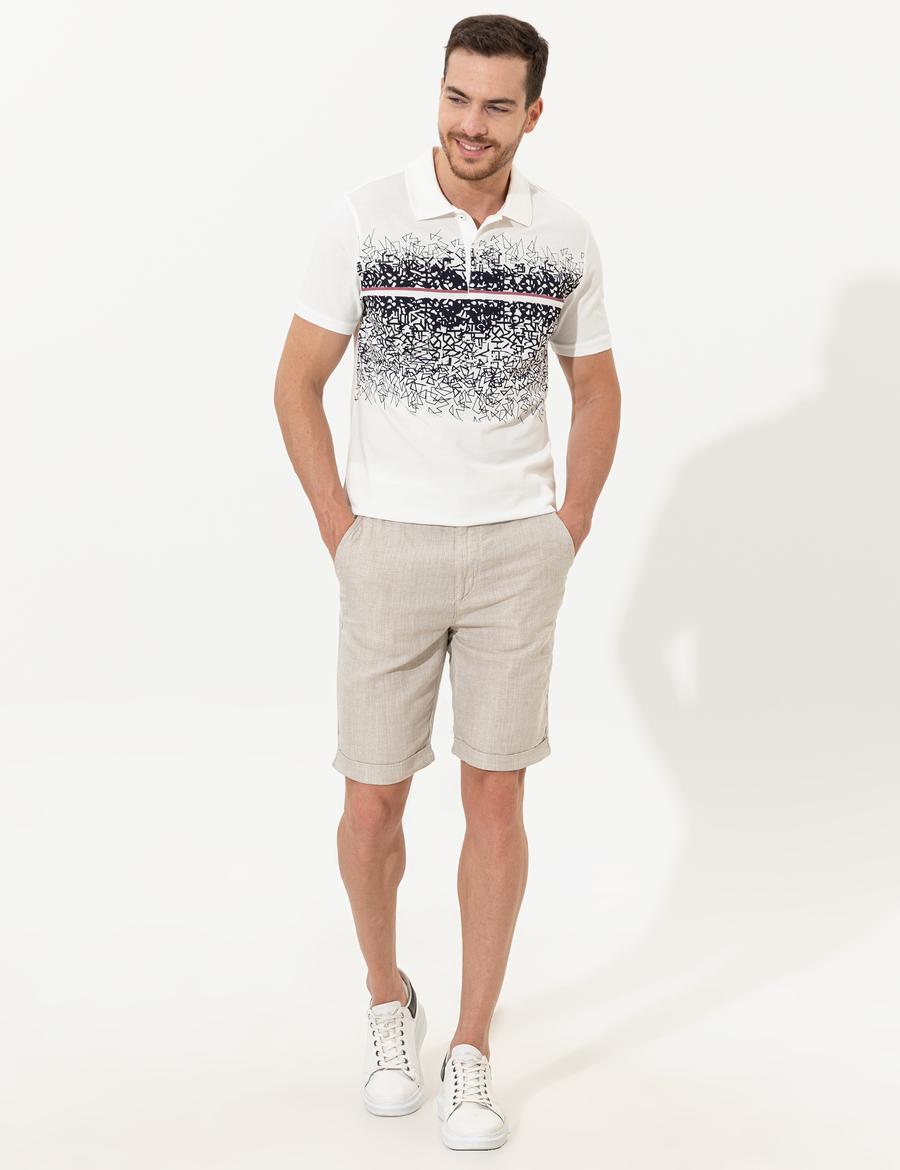 Bej Slim Fit Keten Karışımlı Beli Lastikli Bağcıklı Bermuda Şort