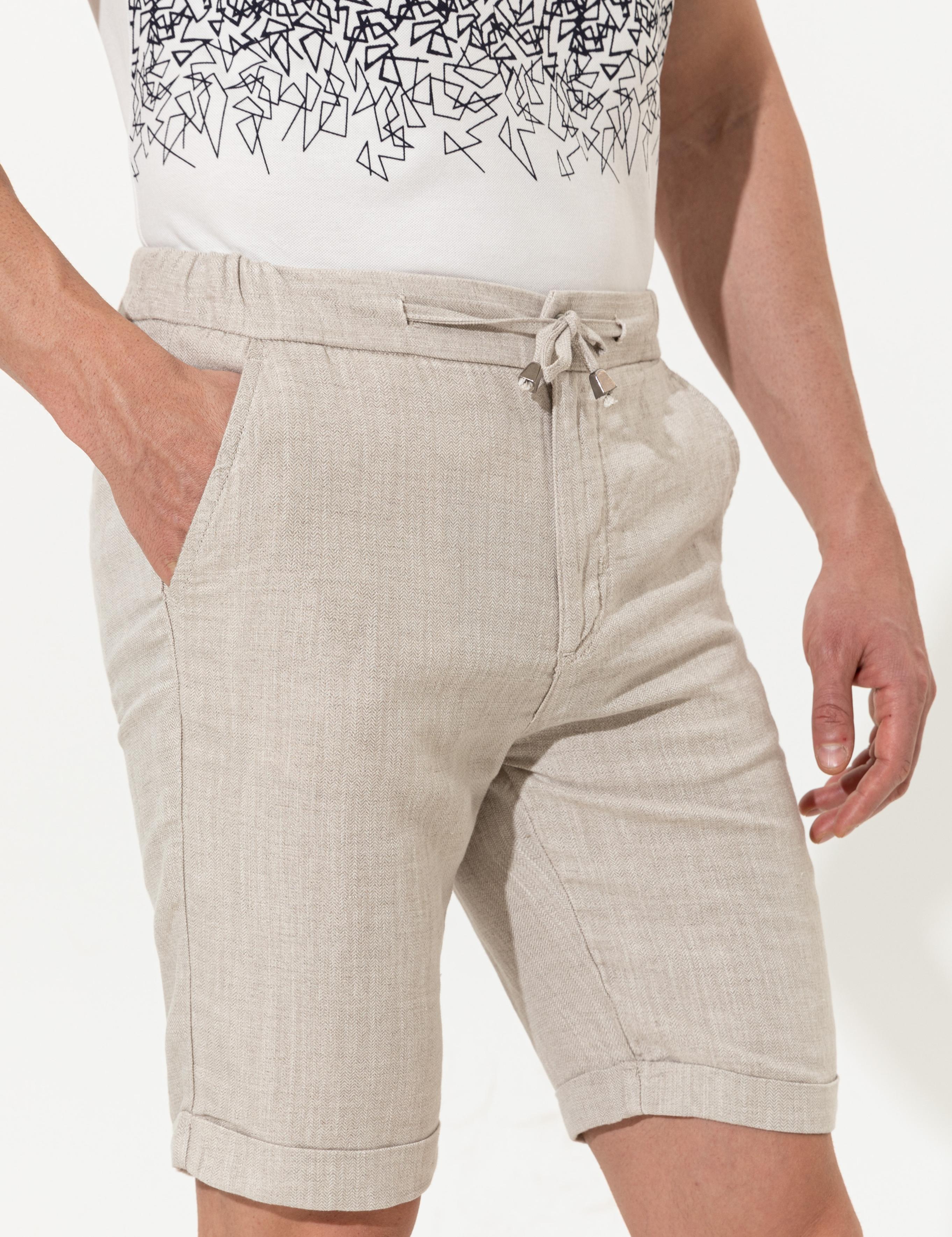 Bej Slim Fit Keten Karışımlı Beli Lastikli Bağcıklı Bermuda Şort