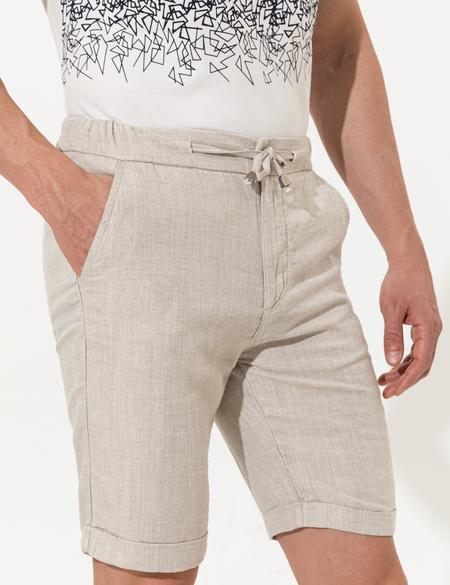 Bej Slim Fit Keten Karışımlı Beli Lastikli Bağcıklı Bermuda Şort - 50251548008