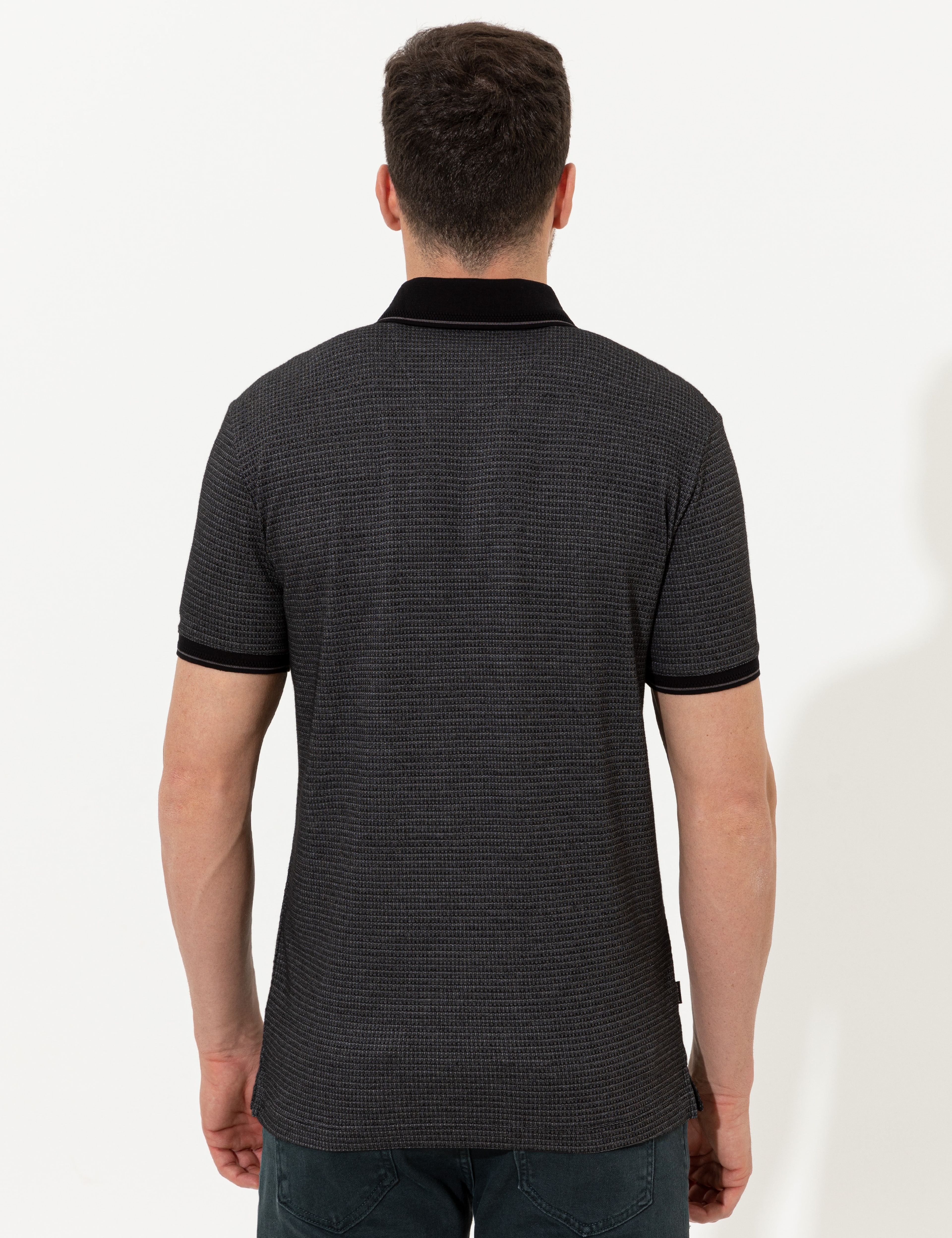 Siyah Slim Fit Dokulu Düğmeli Polo Yaka Tişört - Image 5
