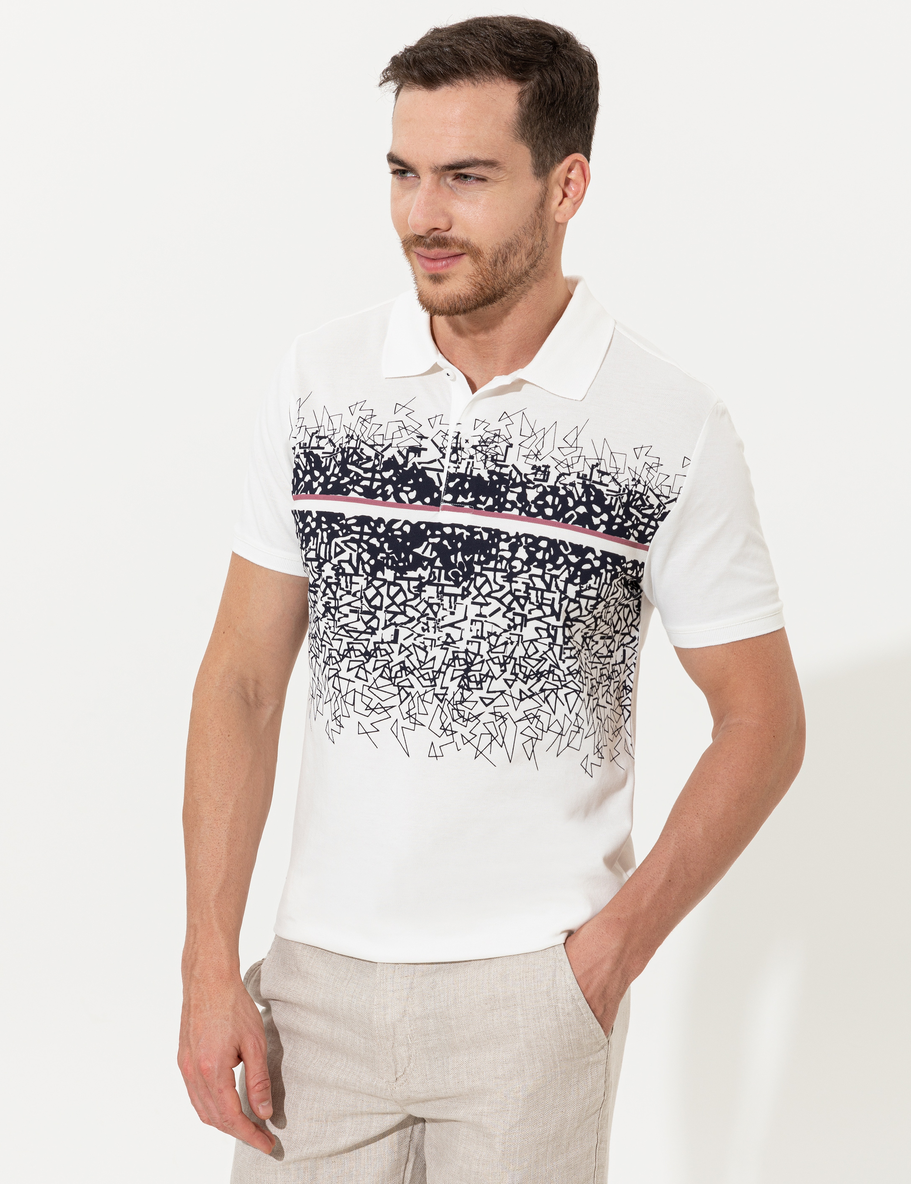 Lacivert Slim Fit Baskılı Polo Yaka Tişört