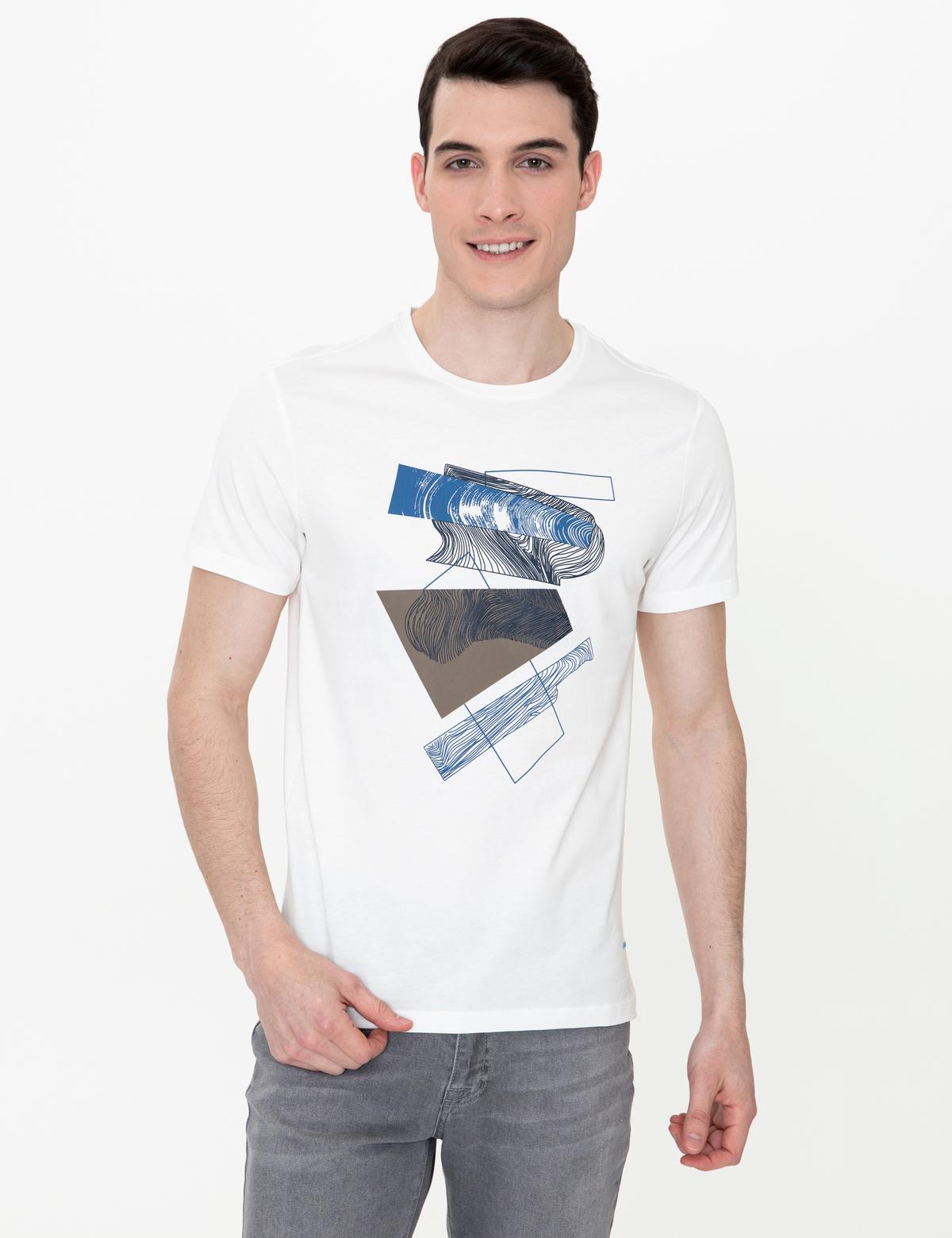 Ekru Slim Fit Baskılı Bisiklet Yaka Tişört