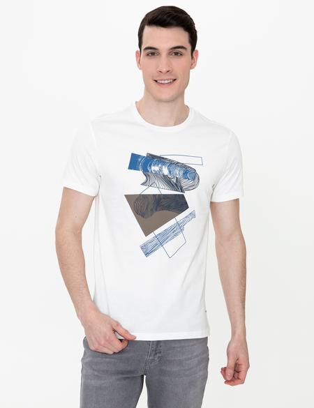 Ekru Slim Fit Baskılı Bisiklet Yaka Tişört - 50249799014