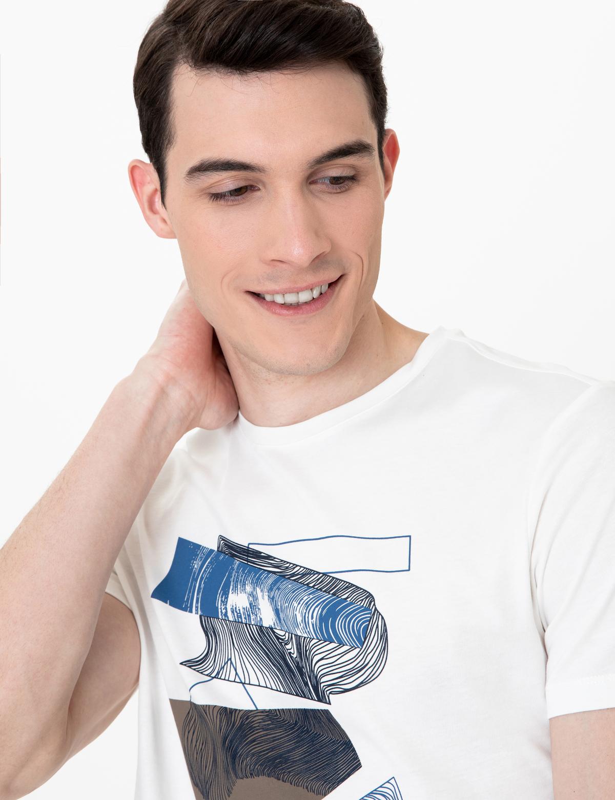 Ekru Slim Fit Baskılı Bisiklet Yaka Tişört - 50249799014