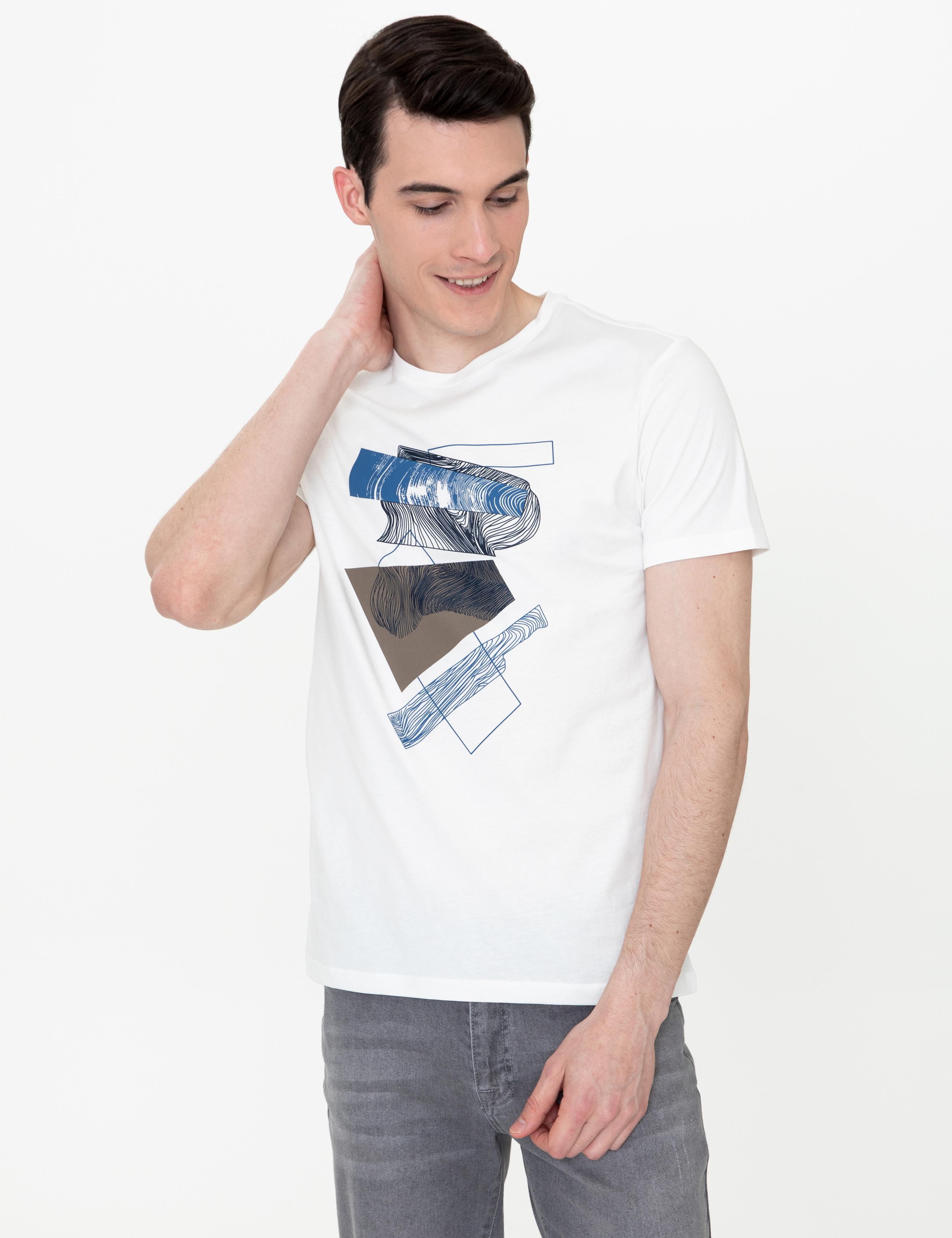 Ekru Slim Fit Baskılı Bisiklet Yaka Tişört