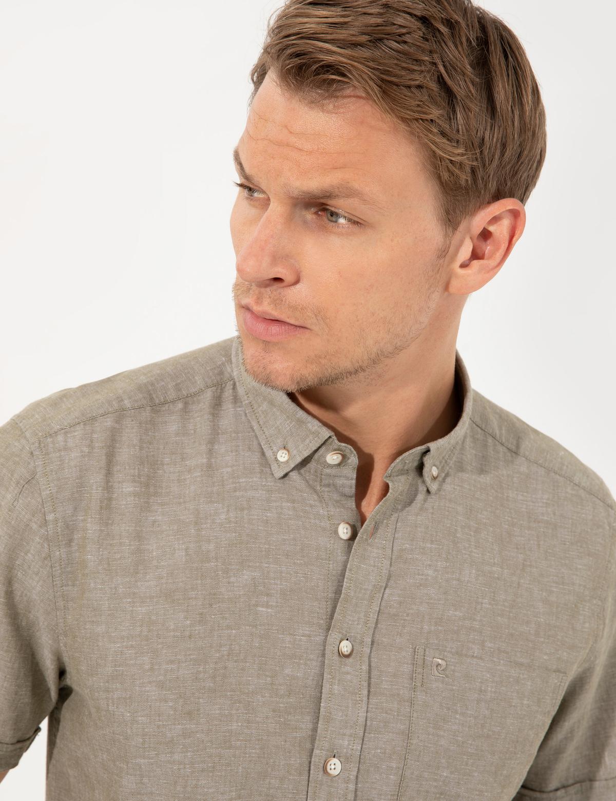 Haki Keten Karışımlı Regular Fit Kısa Kollu Gömlek - 50249726038