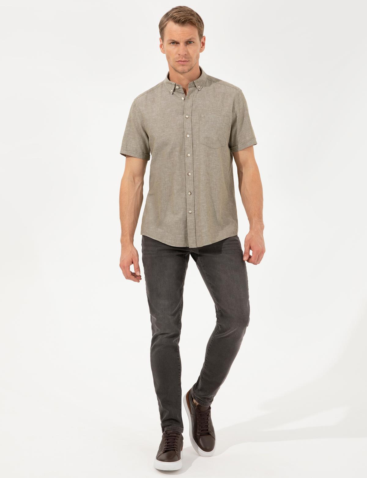 Haki Keten Karışımlı Regular Fit Kısa Kollu Gömlek - 50249726038