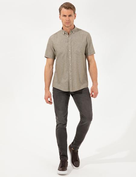 Haki Keten Karışımlı Regular Fit Kısa Kollu Gömlek - 50249726038