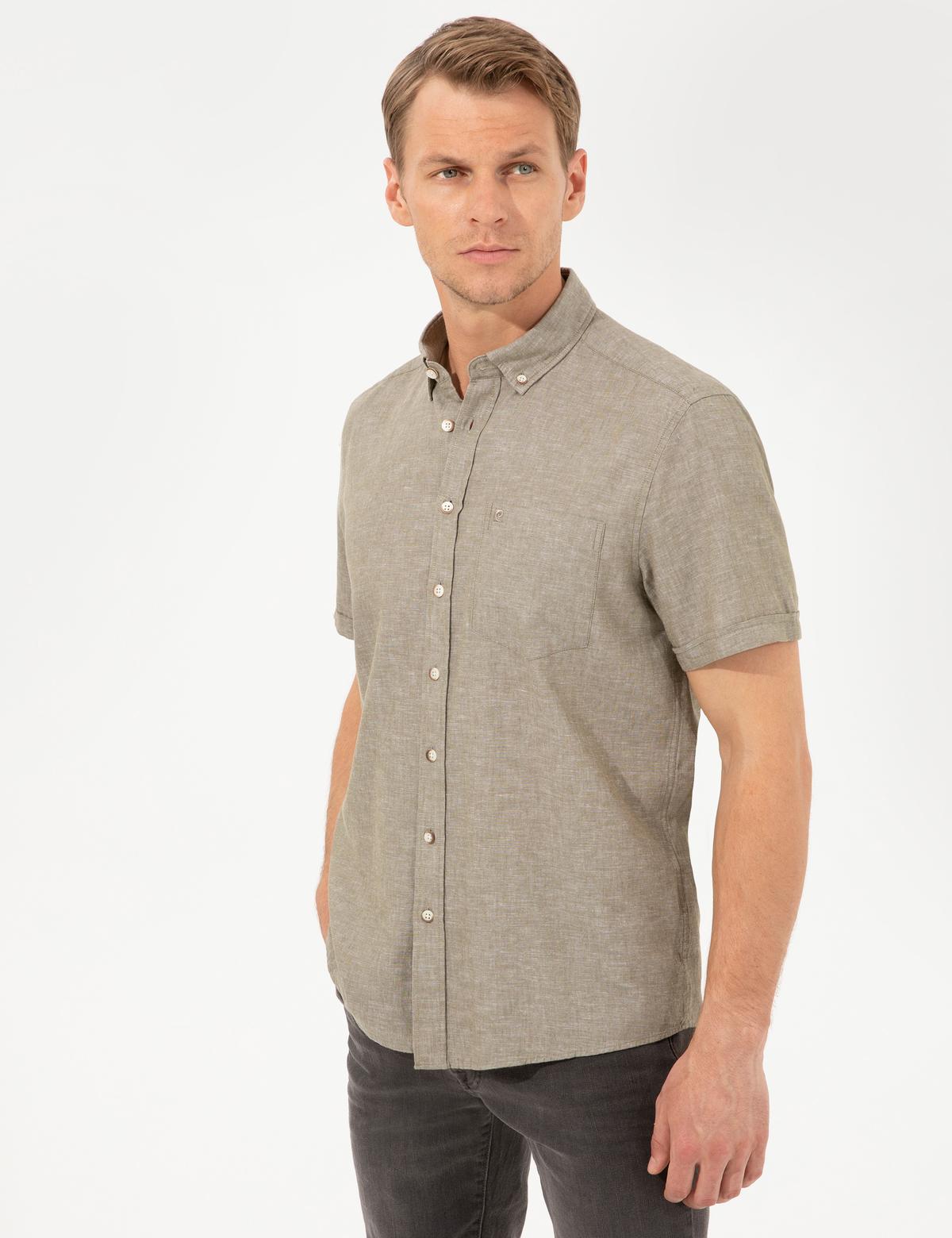 Haki Keten Karışımlı Regular Fit Kısa Kollu Gömlek - 50249726038