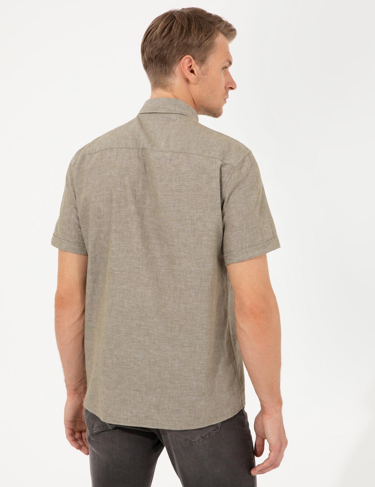 Haki Keten Karışımlı Regular Fit Kısa Kollu Gömlek - 50249726038