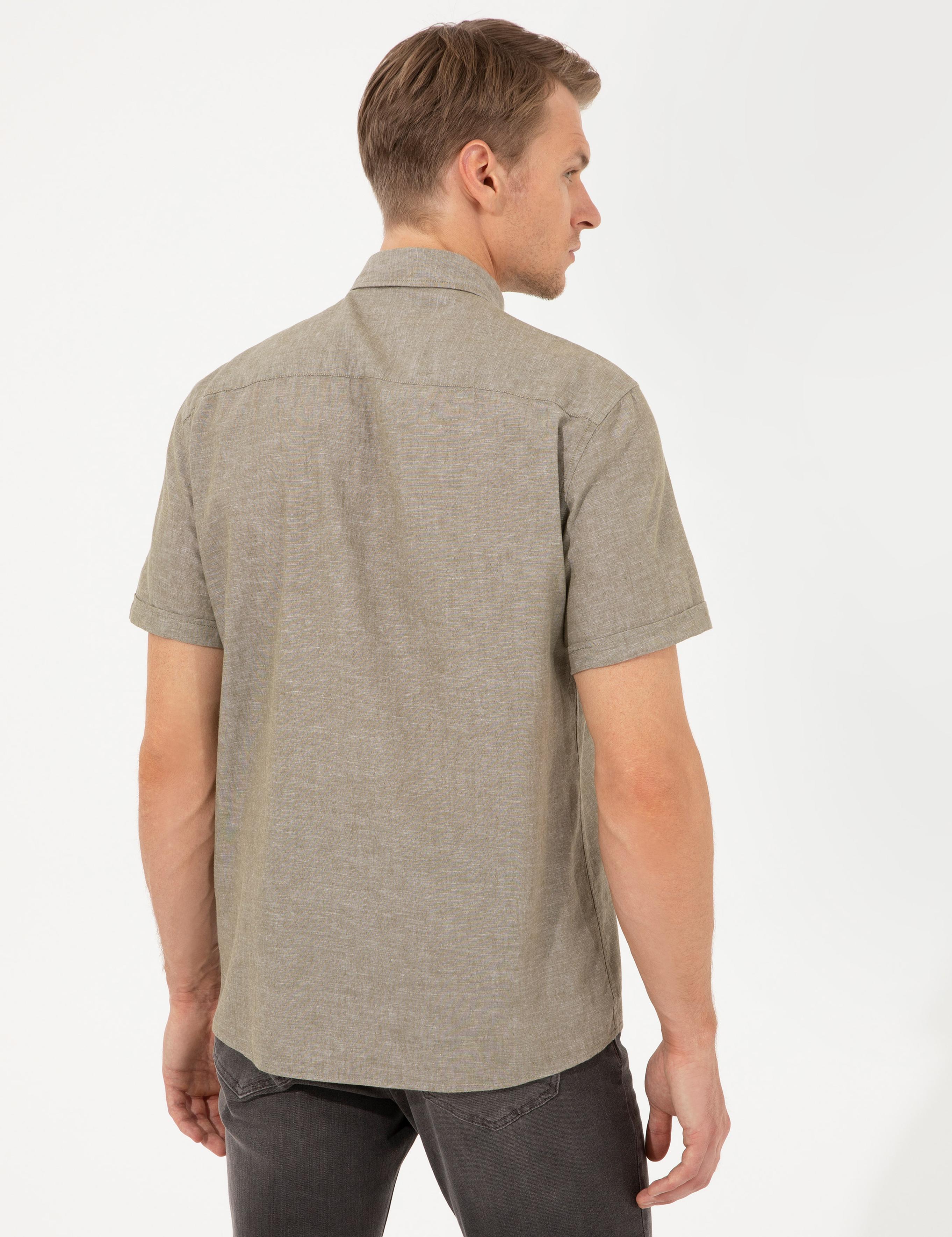 Haki Keten Karışımlı Regular Fit Kısa Kollu Gömlek
