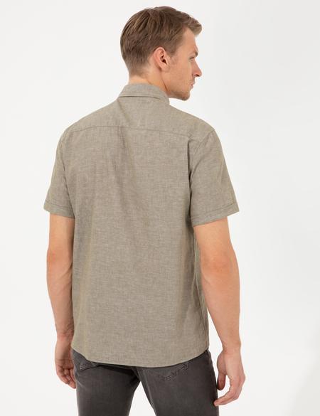 Haki Keten Karışımlı Regular Fit Kısa Kollu Gömlek - 50249726038