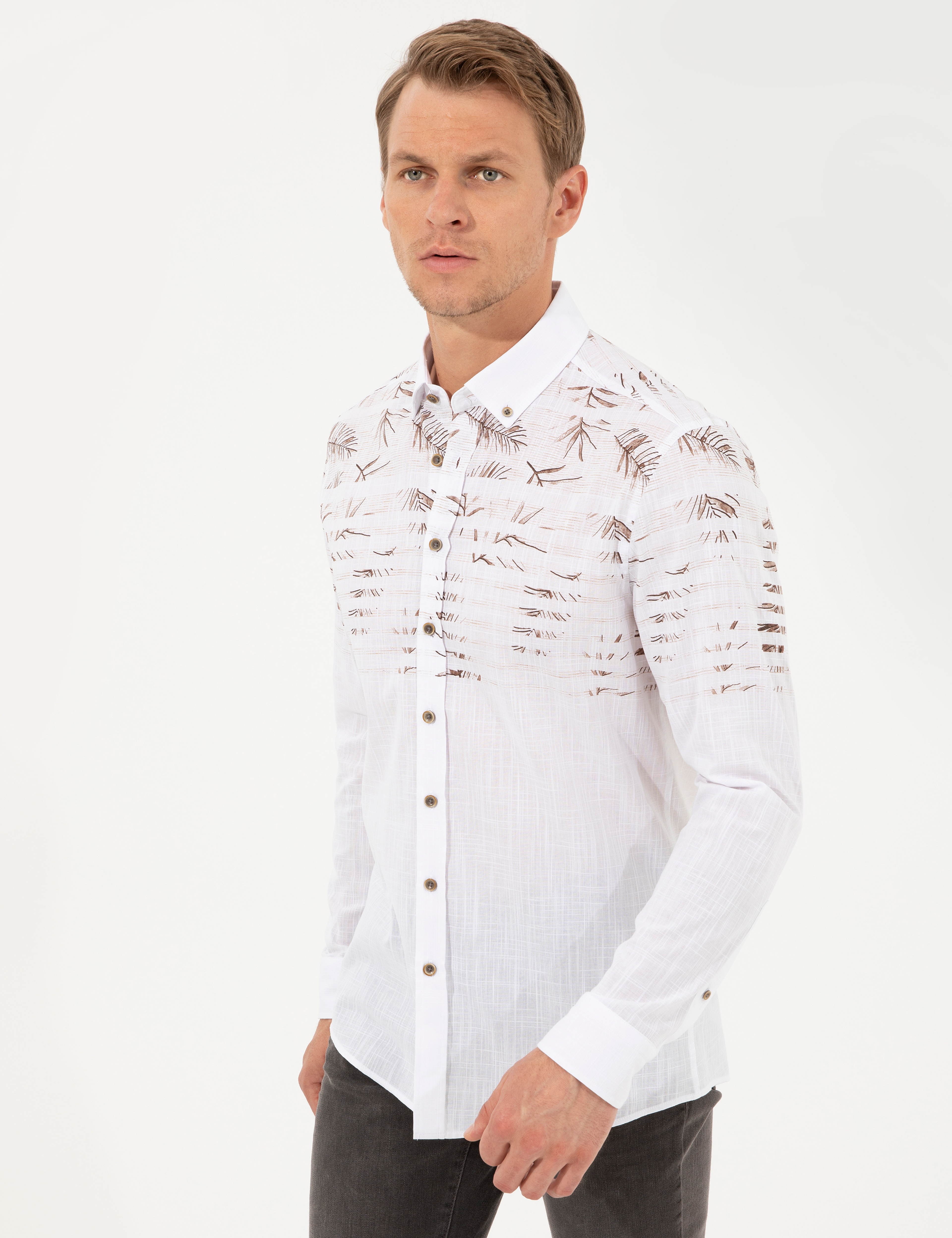 Kahverengi Slim Fit Uzun Kollu Gömlek