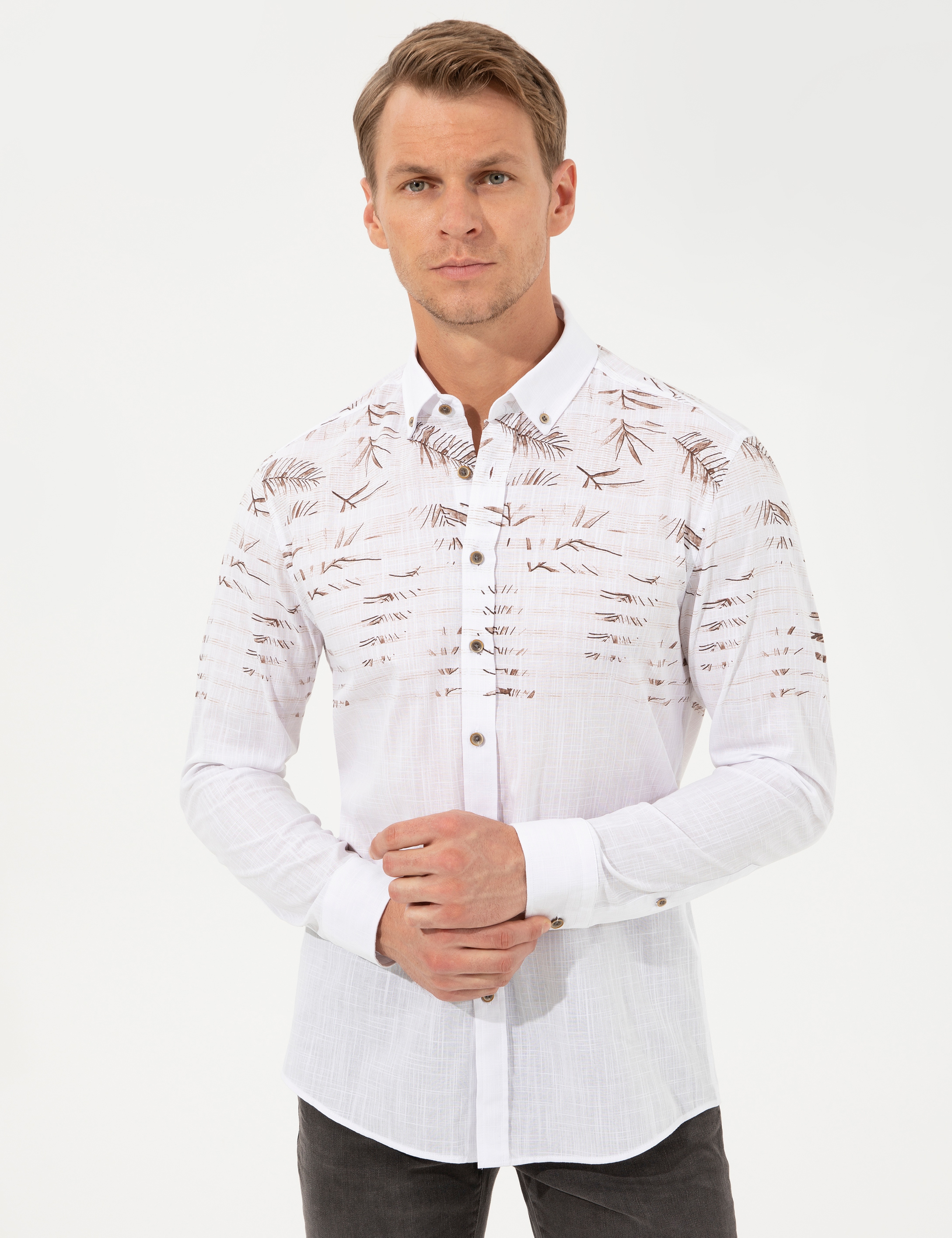 Kahverengi Slim Fit Uzun Kollu Gömlek