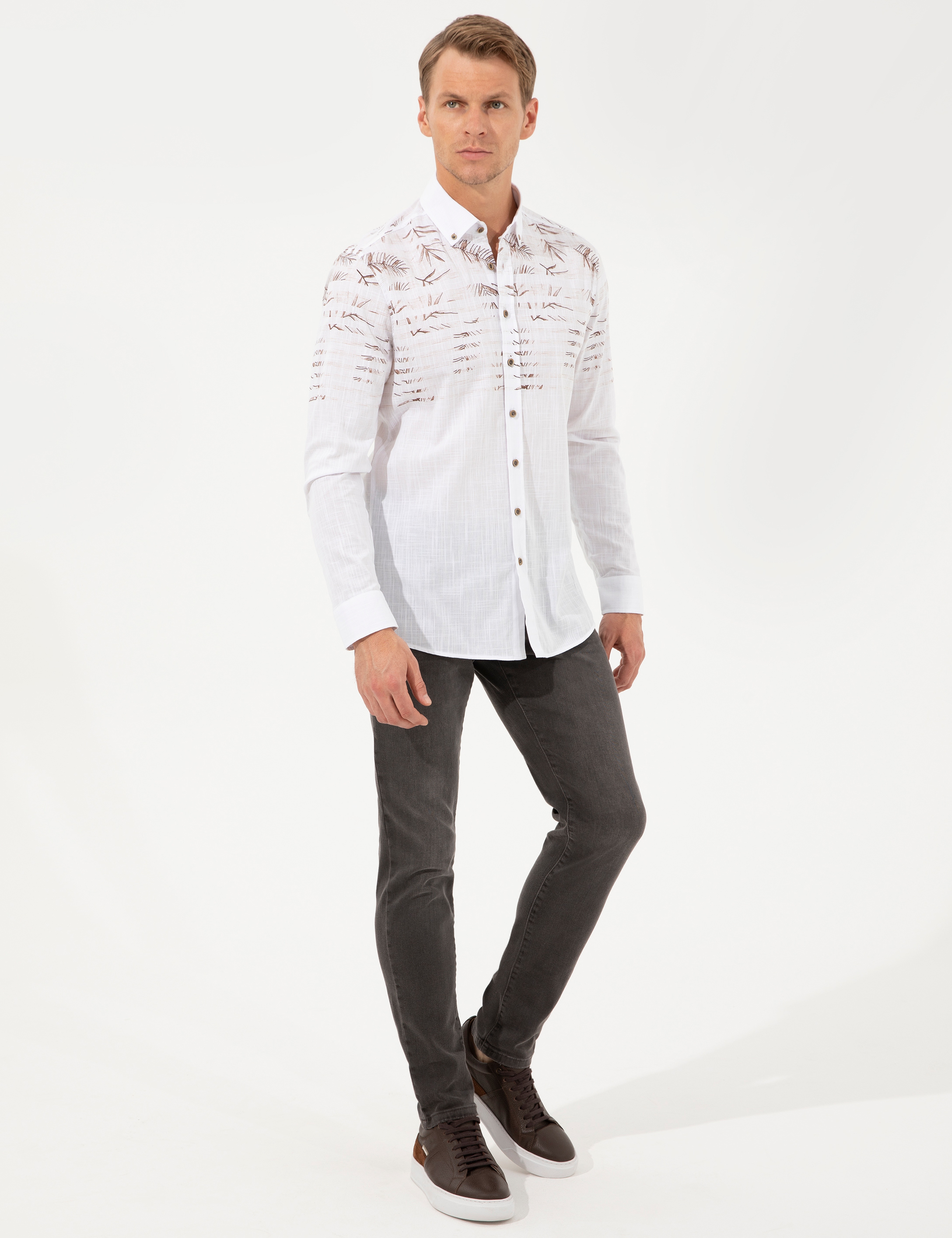 Kahverengi Slim Fit Uzun Kollu Gömlek