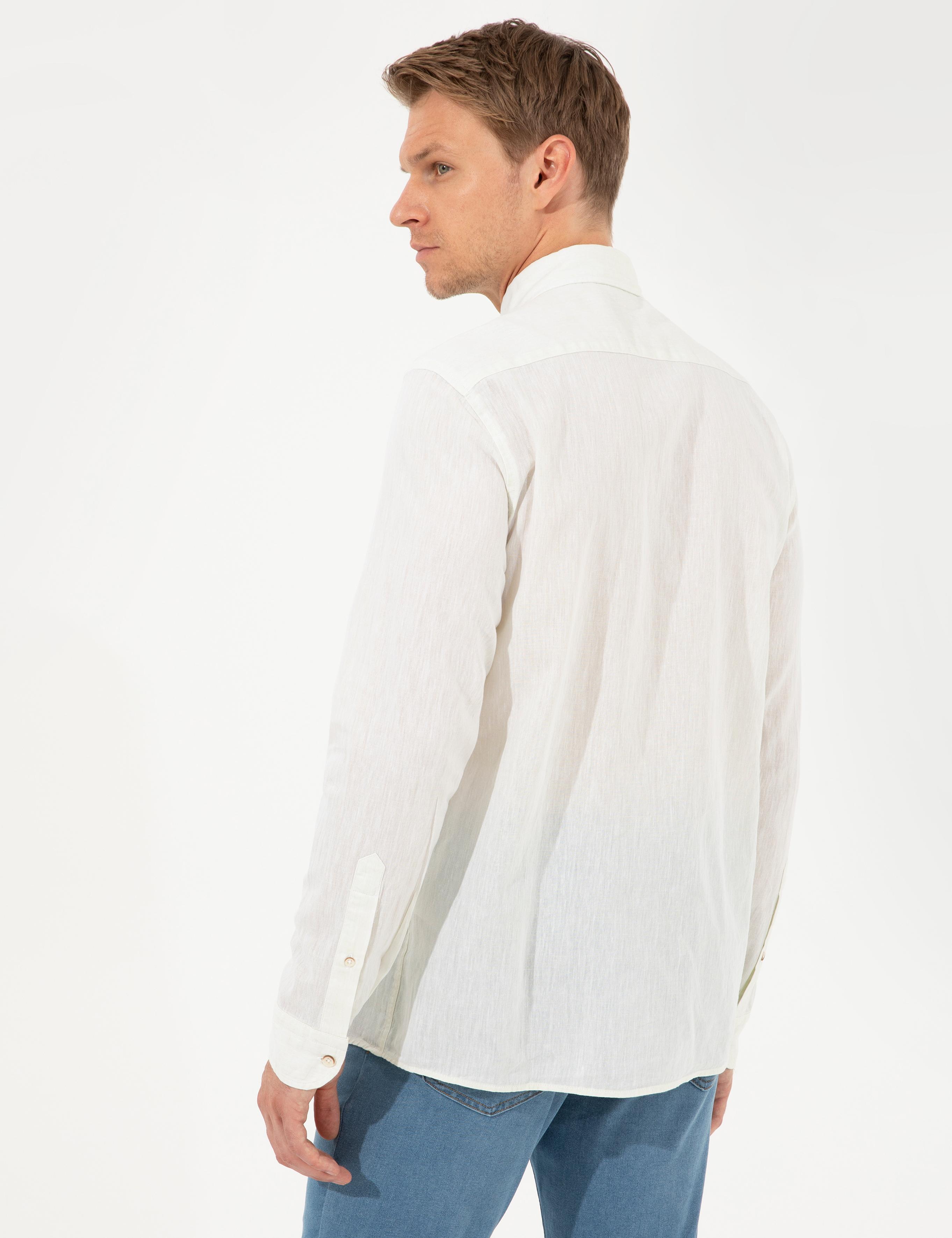 Açık Yeşil Keten Karışımlı Regular Fit Uzun Kollu Gömlek