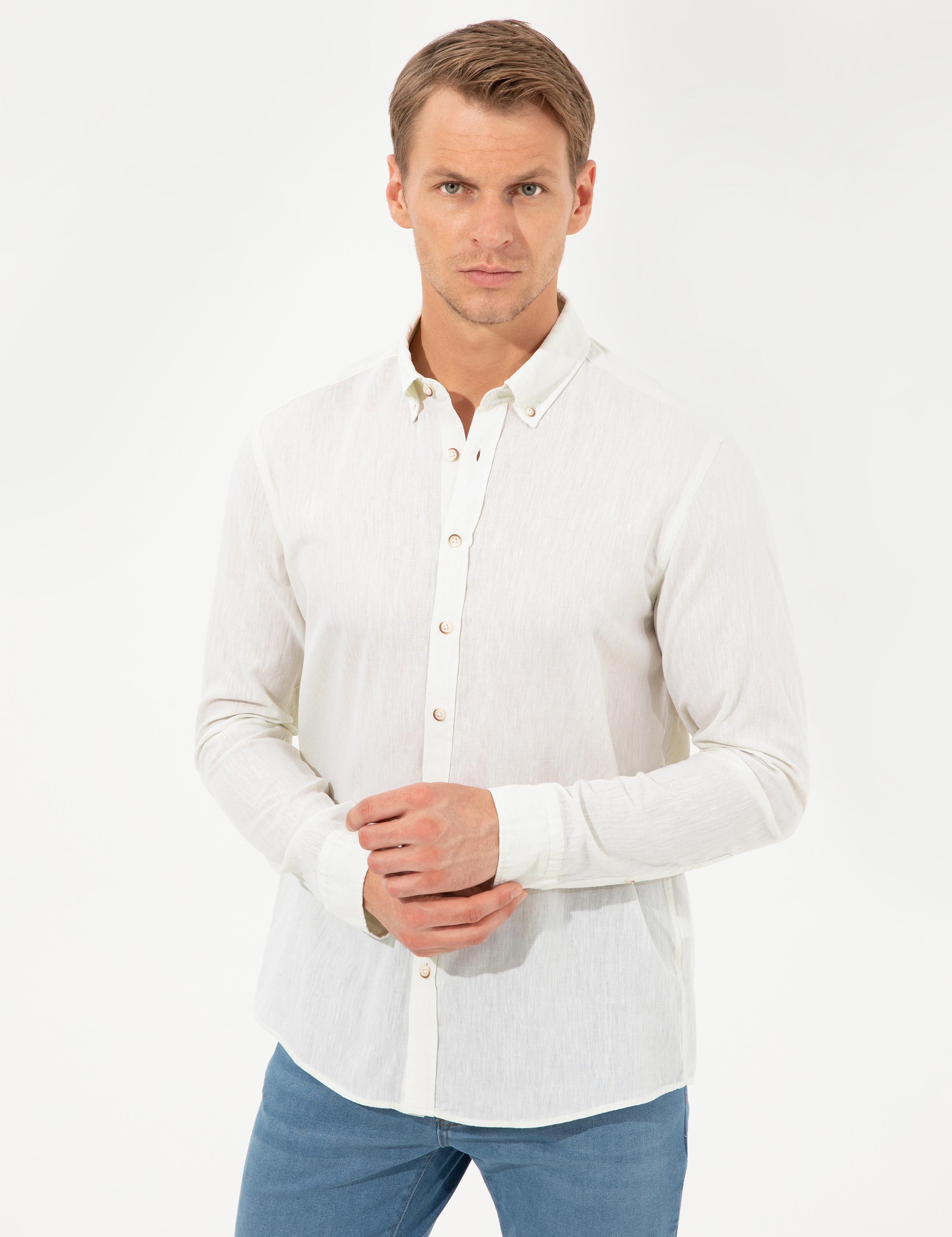 Açık Yeşil Keten Karışımlı Regular Fit Uzun Kollu Gömlek