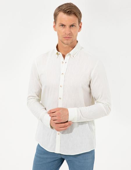 Açık Yeşil Keten Karışımlı Regular Fit Uzun Kollu Gömlek - 50249667118