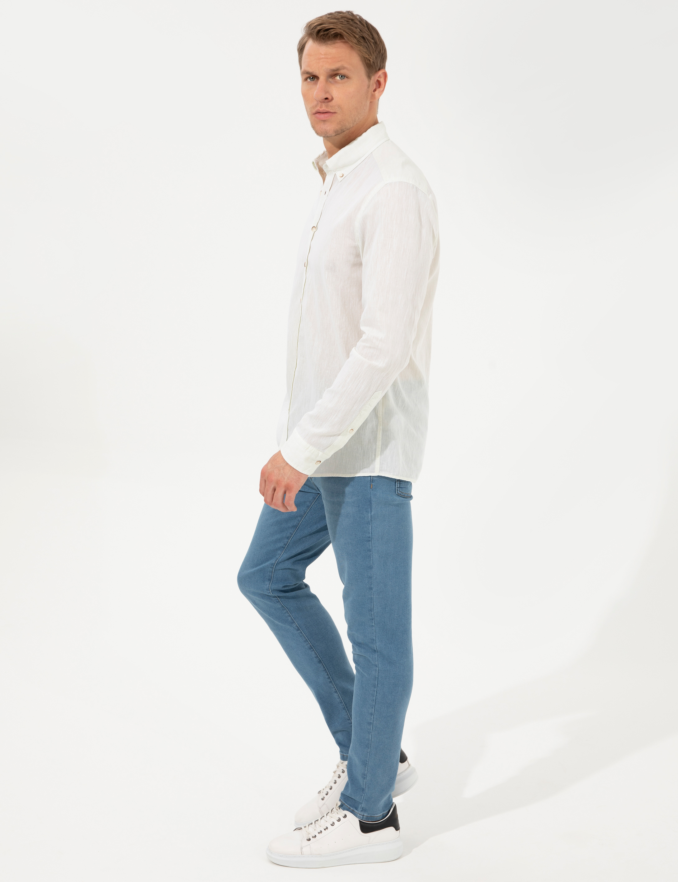 Açık Yeşil Keten Karışımlı Regular Fit Uzun Kollu Gömlek - Image 4