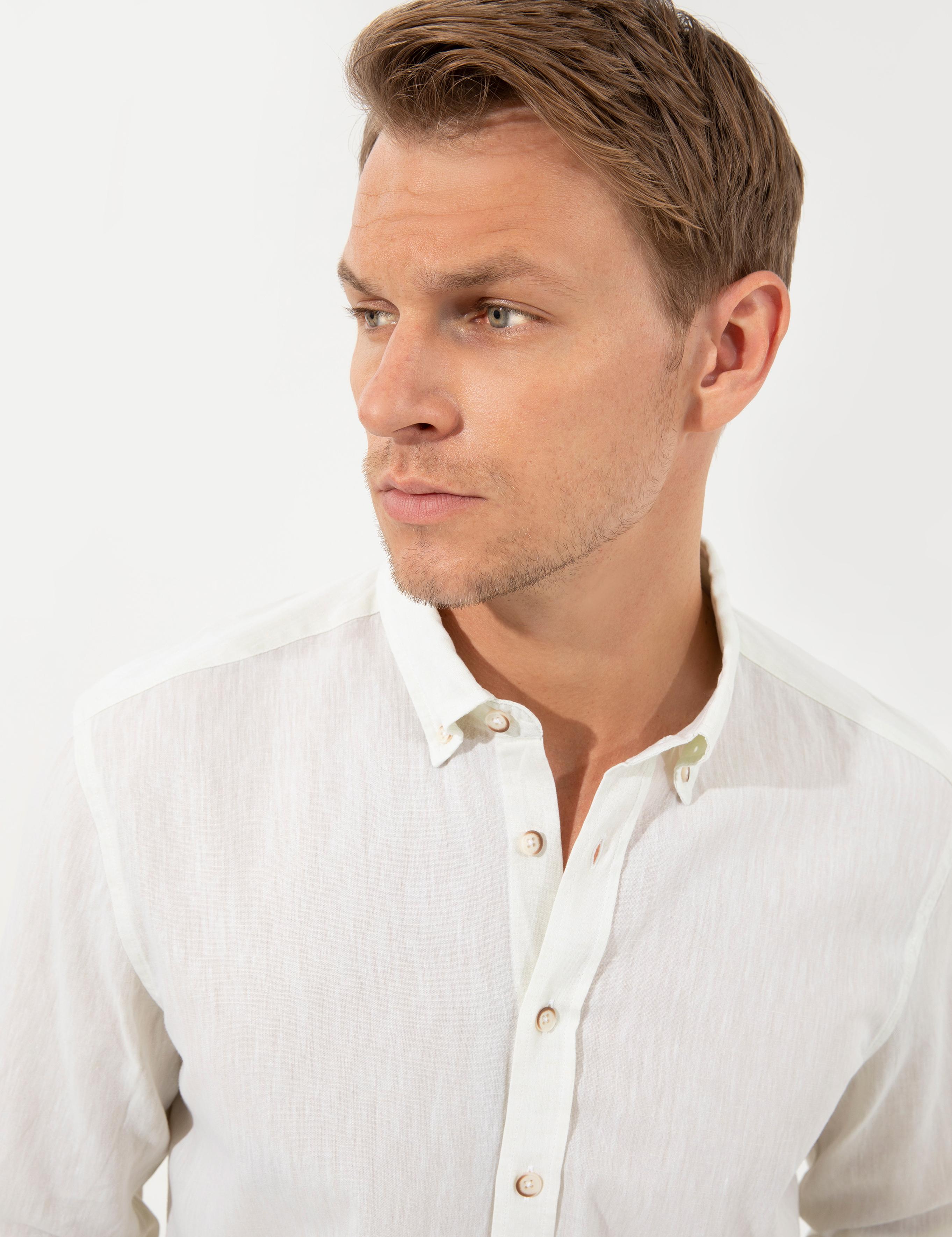 Açık Yeşil Keten Karışımlı Regular Fit Uzun Kollu Gömlek