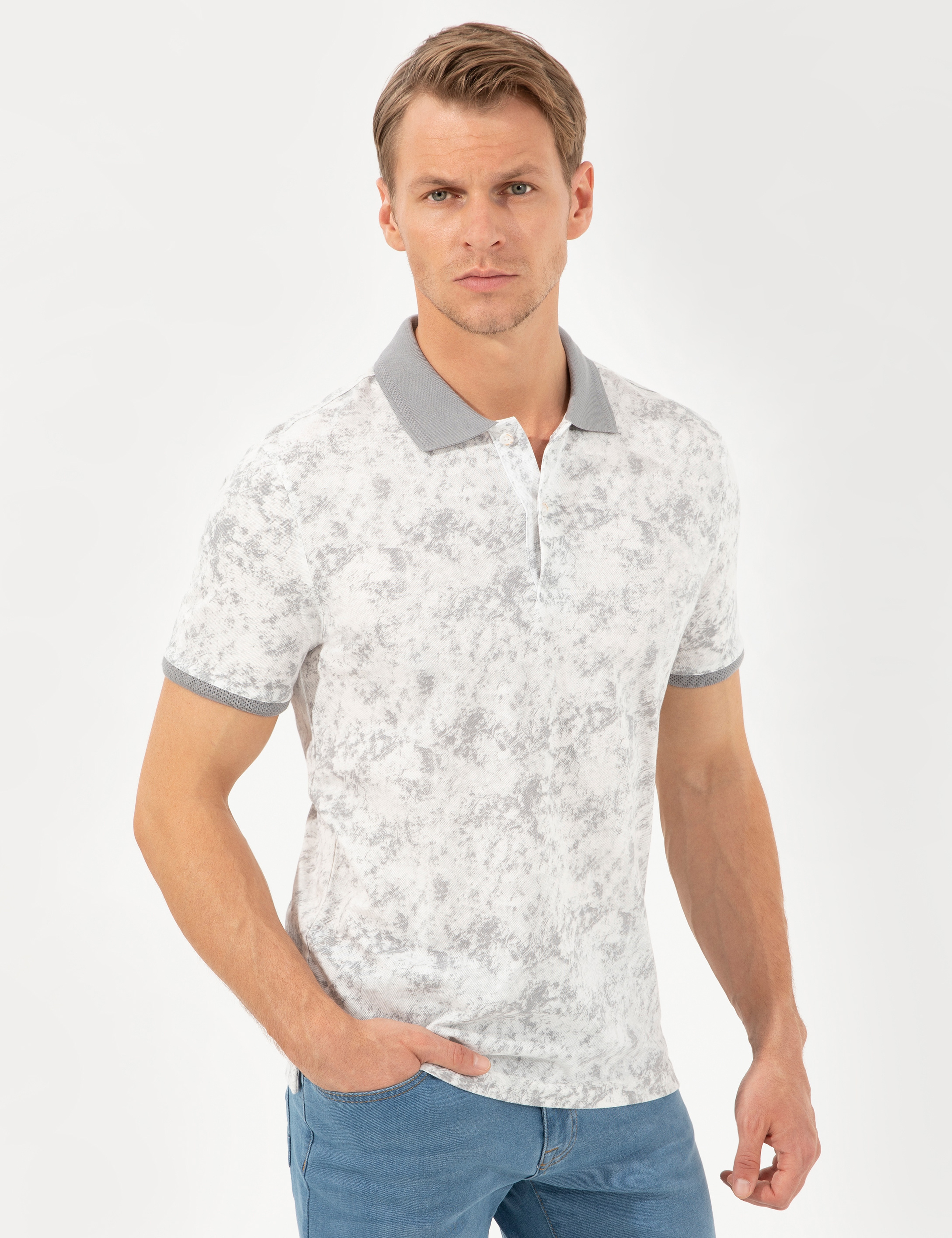 Gri Slim Fit Baskılı Polo Yaka Tişört