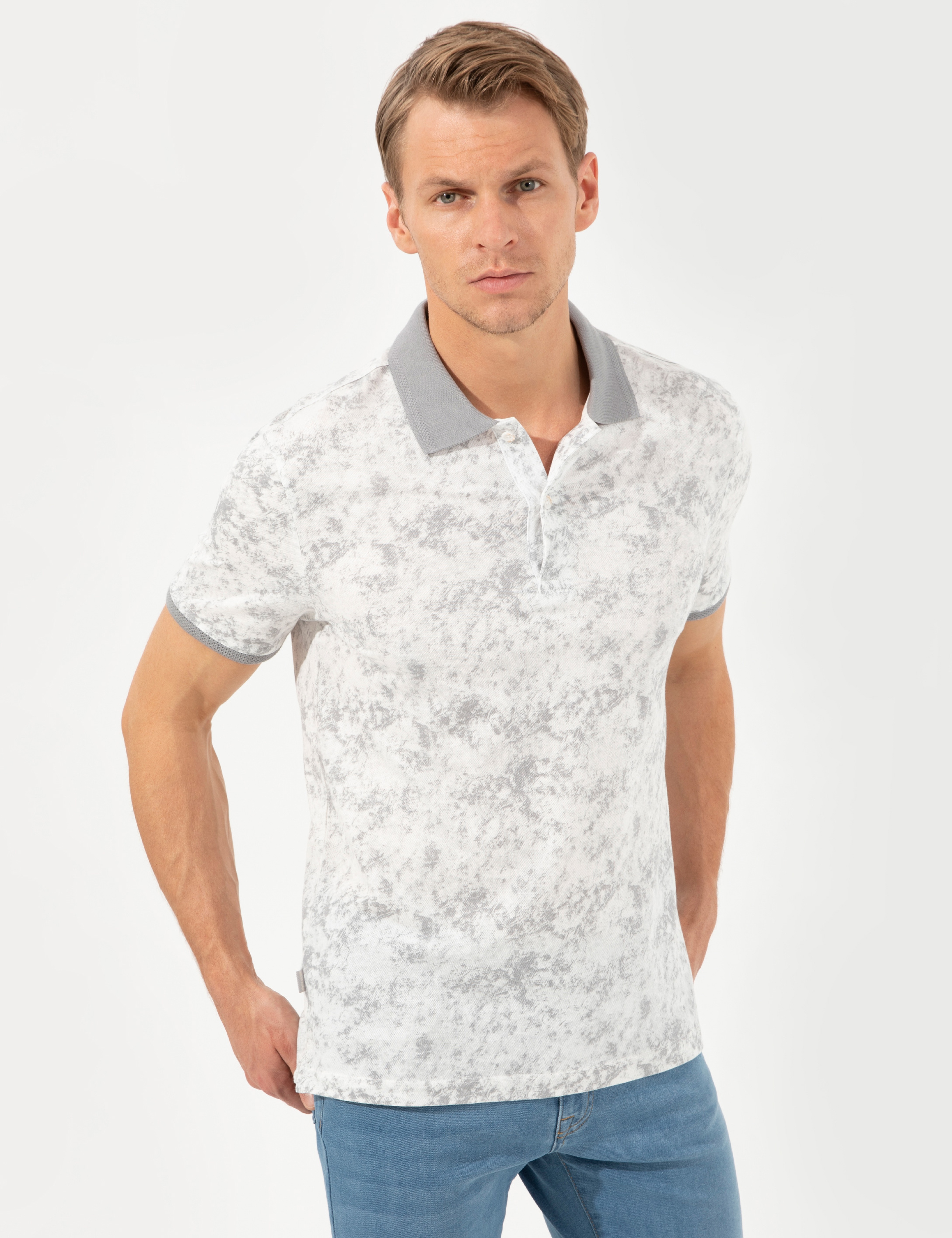 Gri Slim Fit Baskılı Polo Yaka Tişört - Image 3