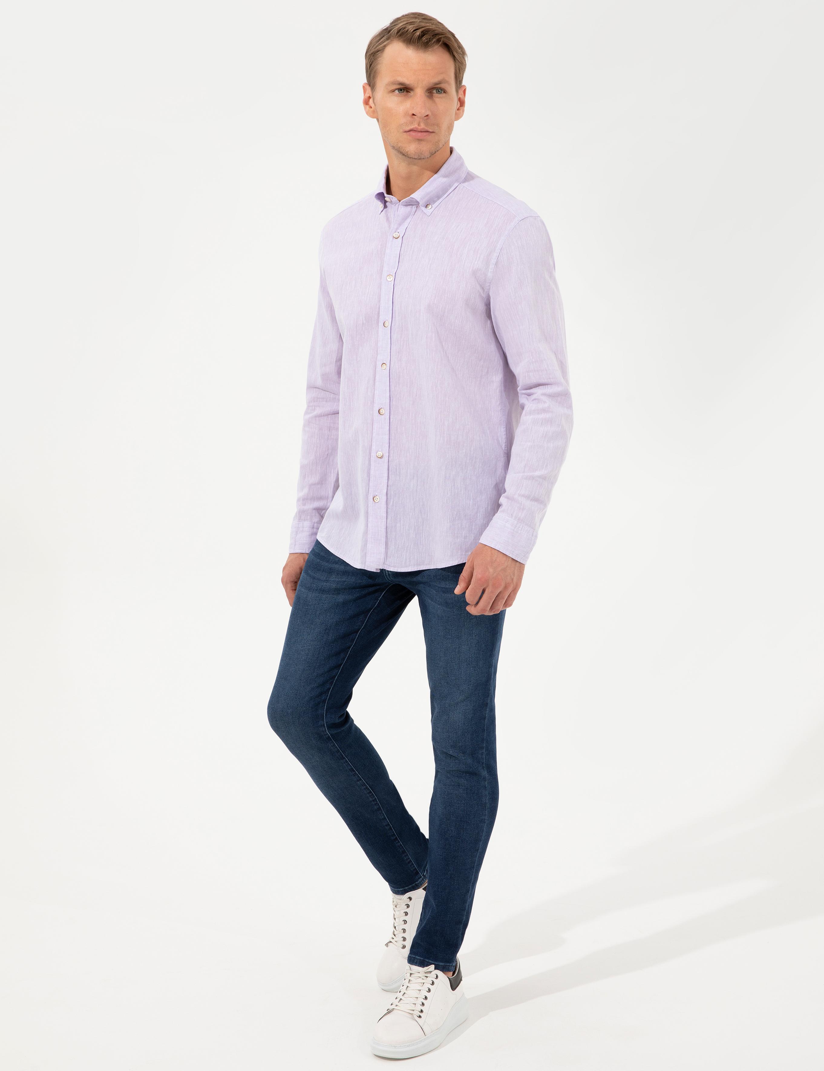 Lila Keten Karışımlı Regular Fit Kısa Kollu Gömlek