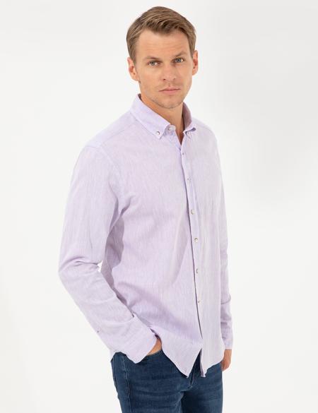 Lila Keten Karışımlı Regular Fit Kısa Kollu Gömlek - 50249667129