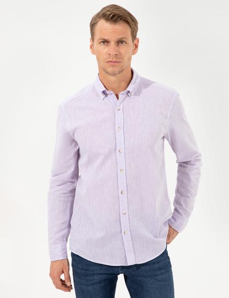 Lila Keten Karışımlı Regular Fit Kısa Kollu Gömlek - 50249667129