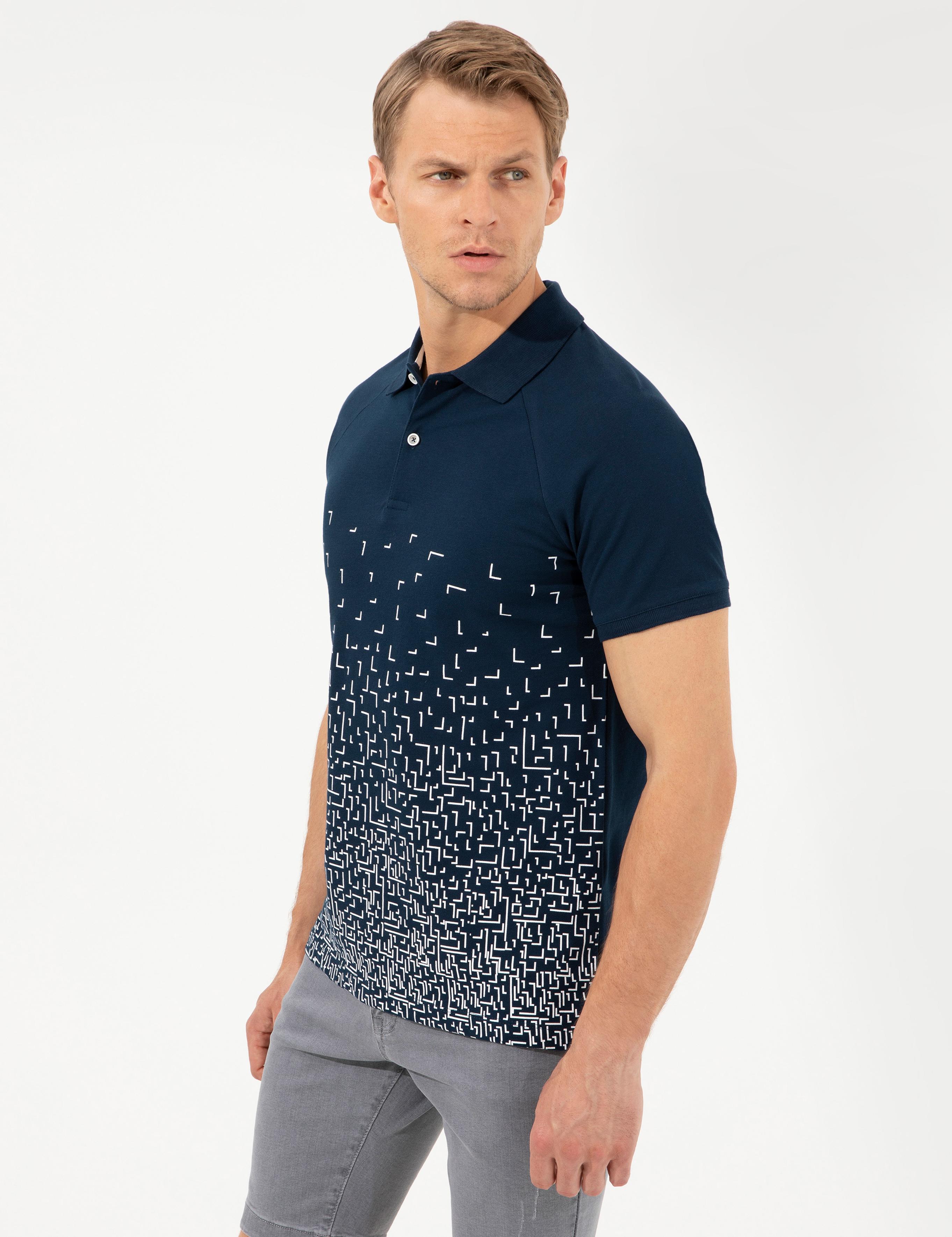 Lacivert Slim Fit Baskılı Polo Yaka Tişört