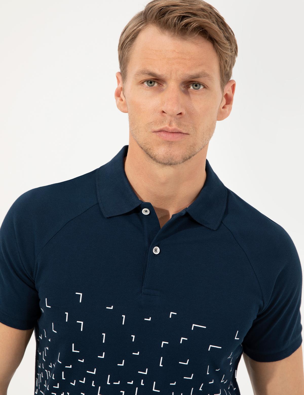 Lacivert Slim Fit Baskılı Polo Yaka Tişört - 50249835007