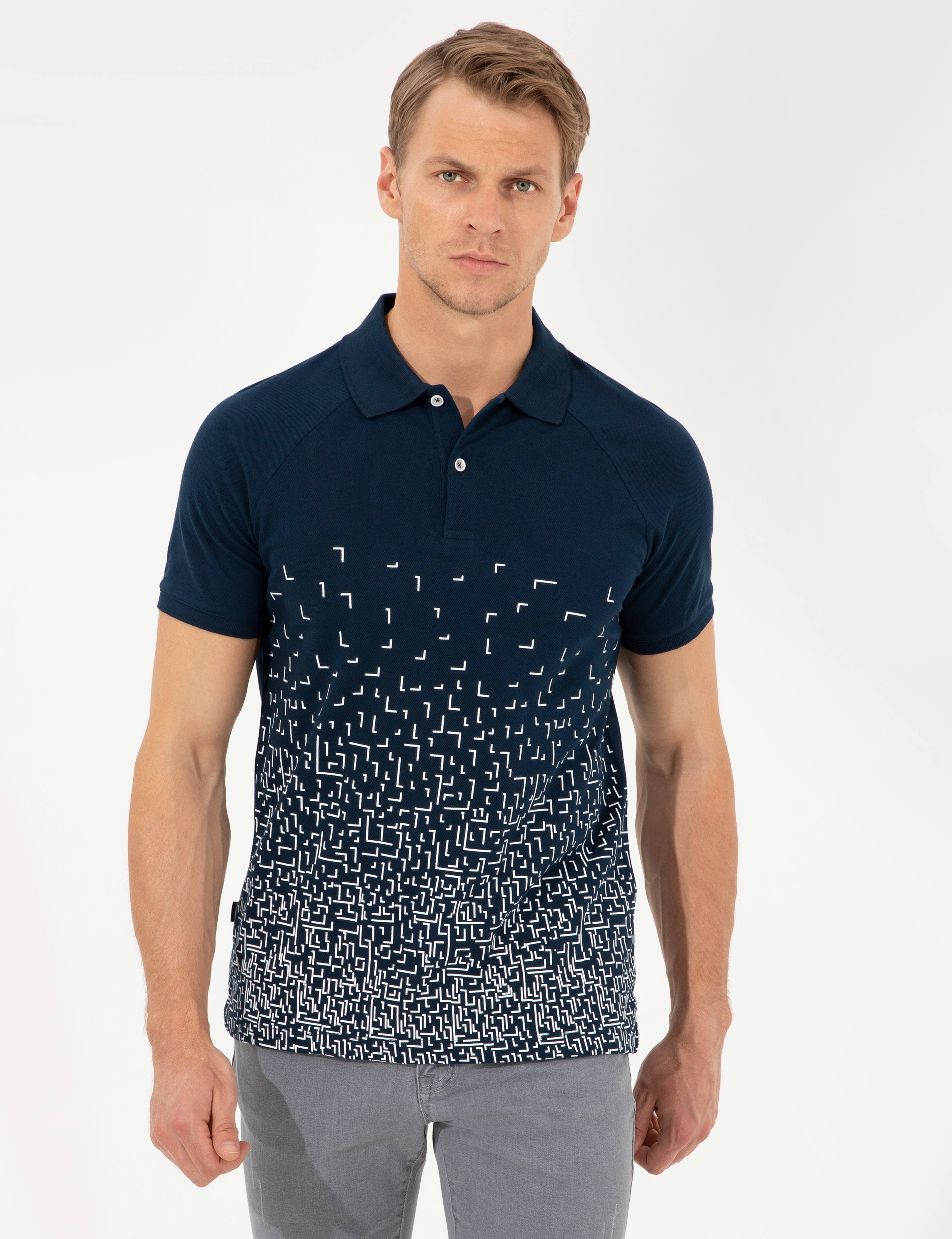 Lacivert Slim Fit Baskılı Polo Yaka Tişört