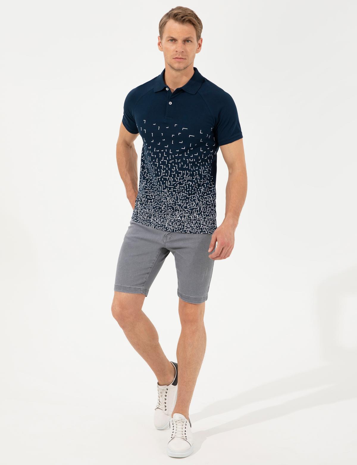 Lacivert Slim Fit Baskılı Polo Yaka Tişört - 50249835007