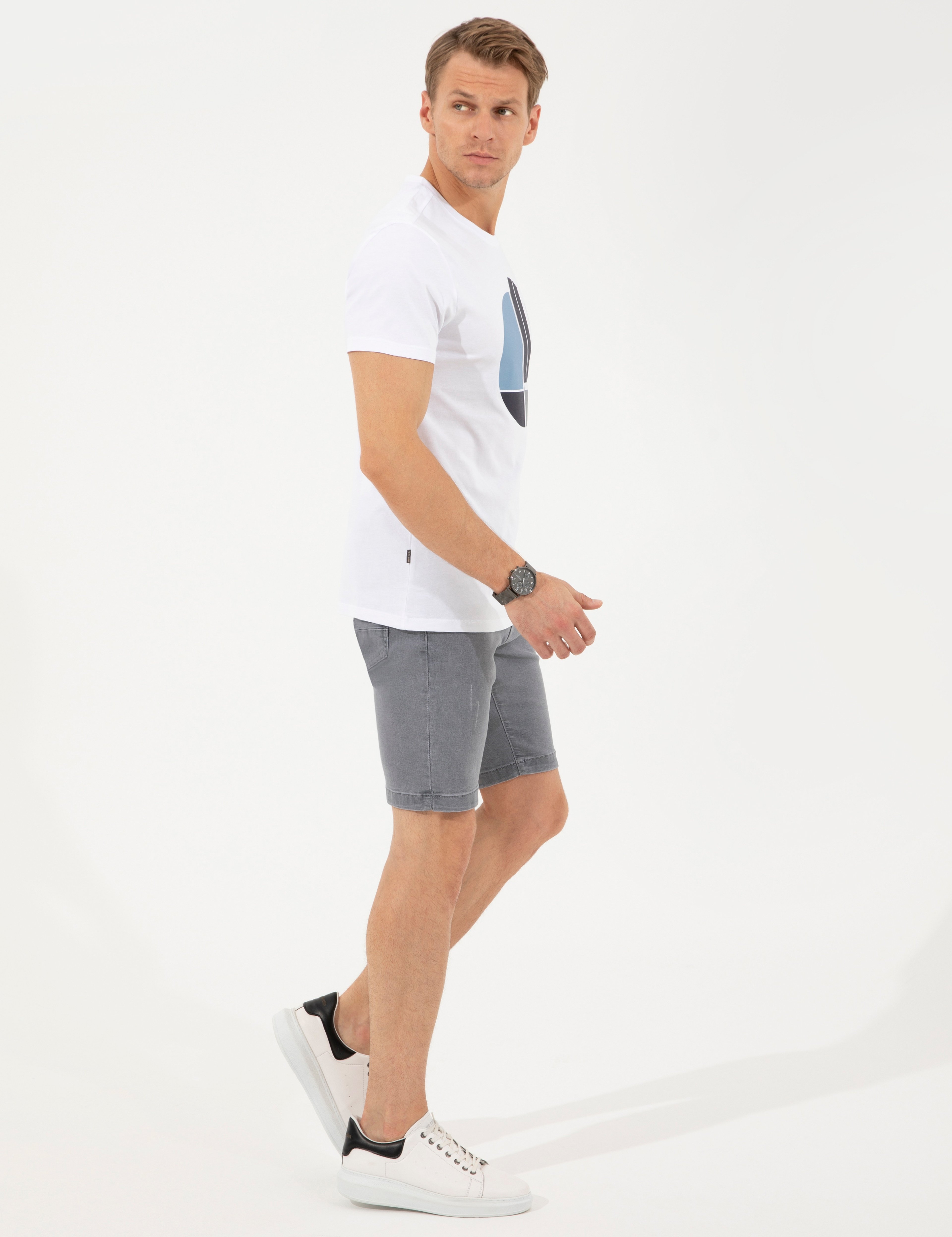 Açık Gri Slim Fit Jean Şort - Image 3