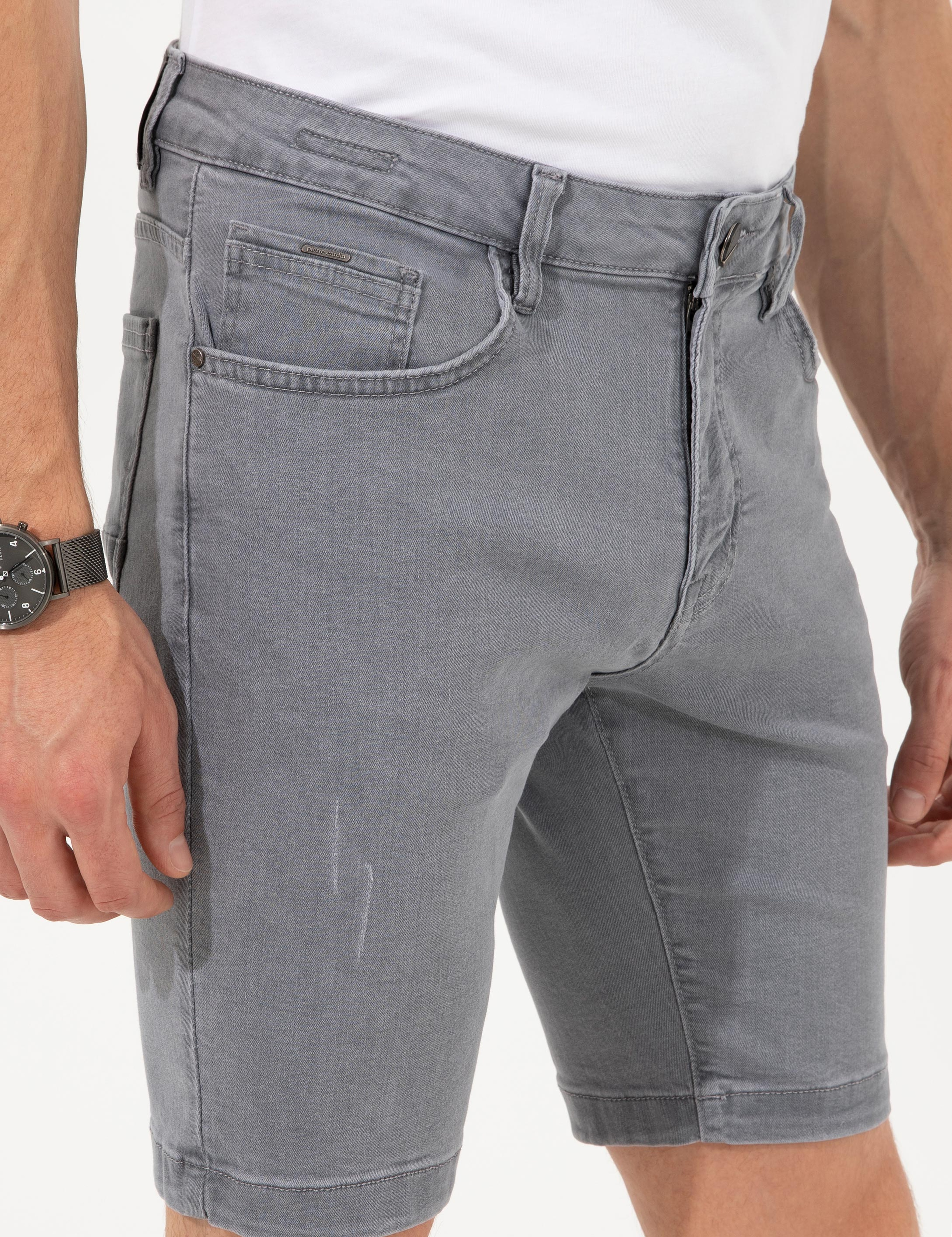 Açık Gri Slim Fit Jean Şort - Image 5