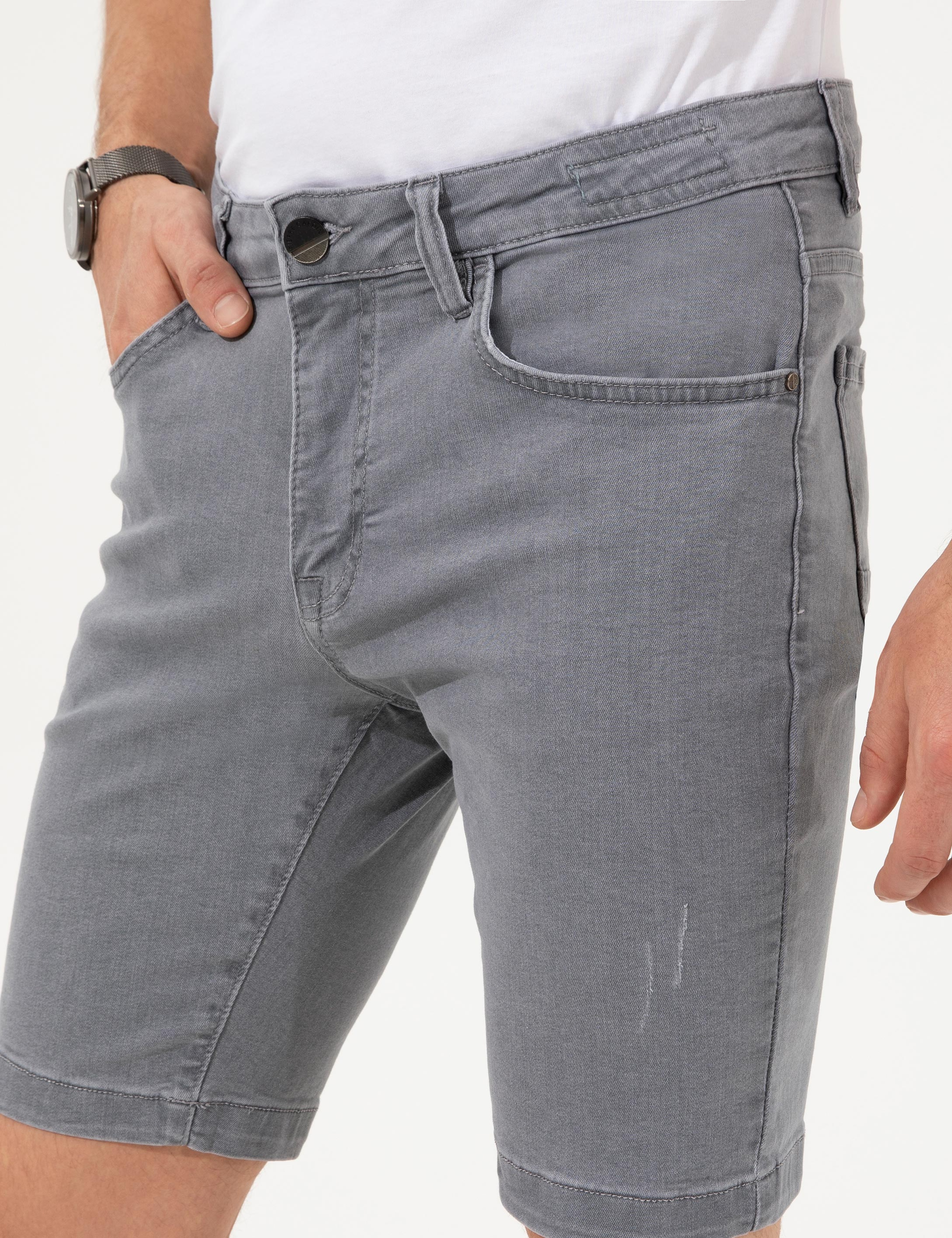 Açık Gri Slim Fit Jean Şort - Image 6