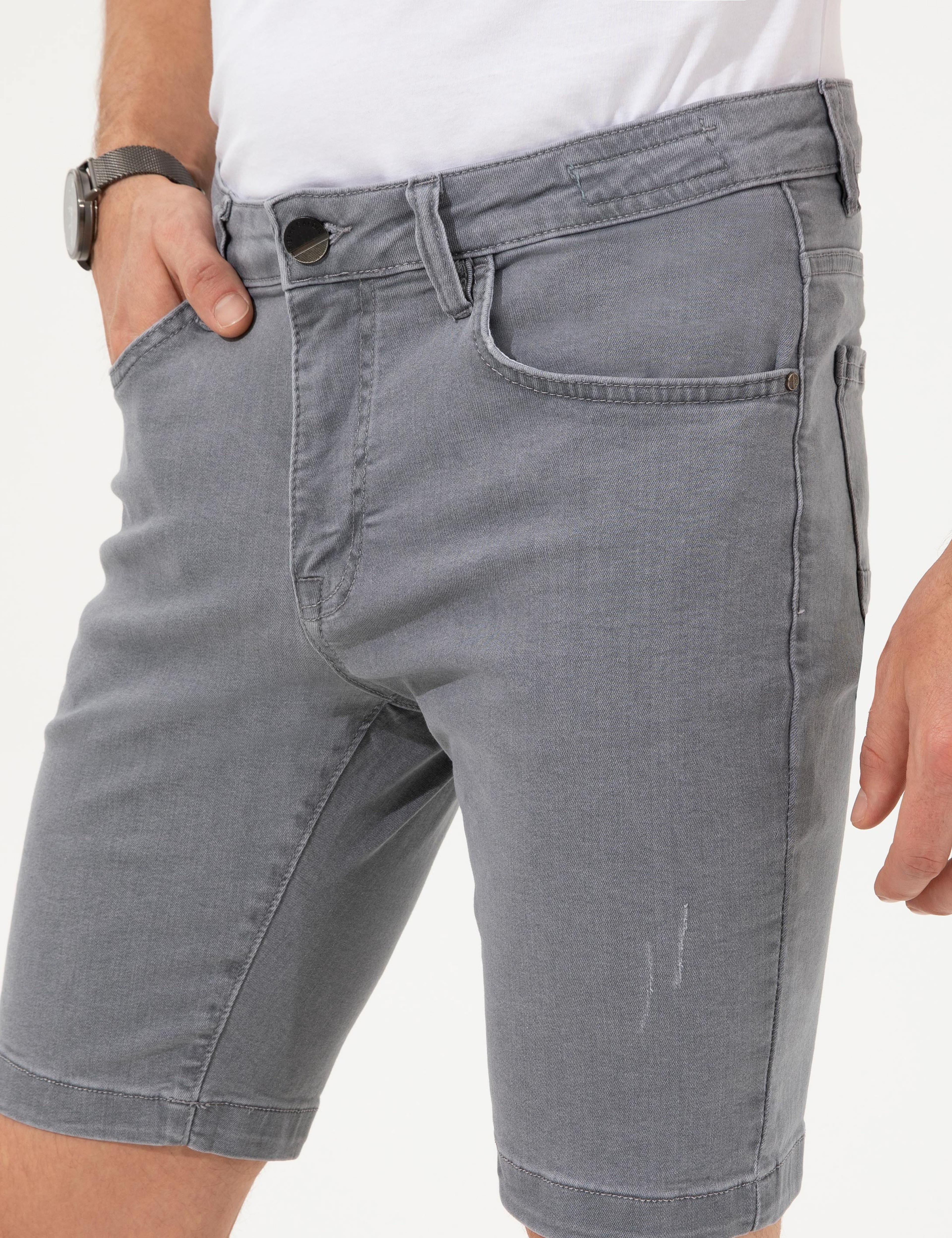 Açık Gri Slim Fit Jean Şort