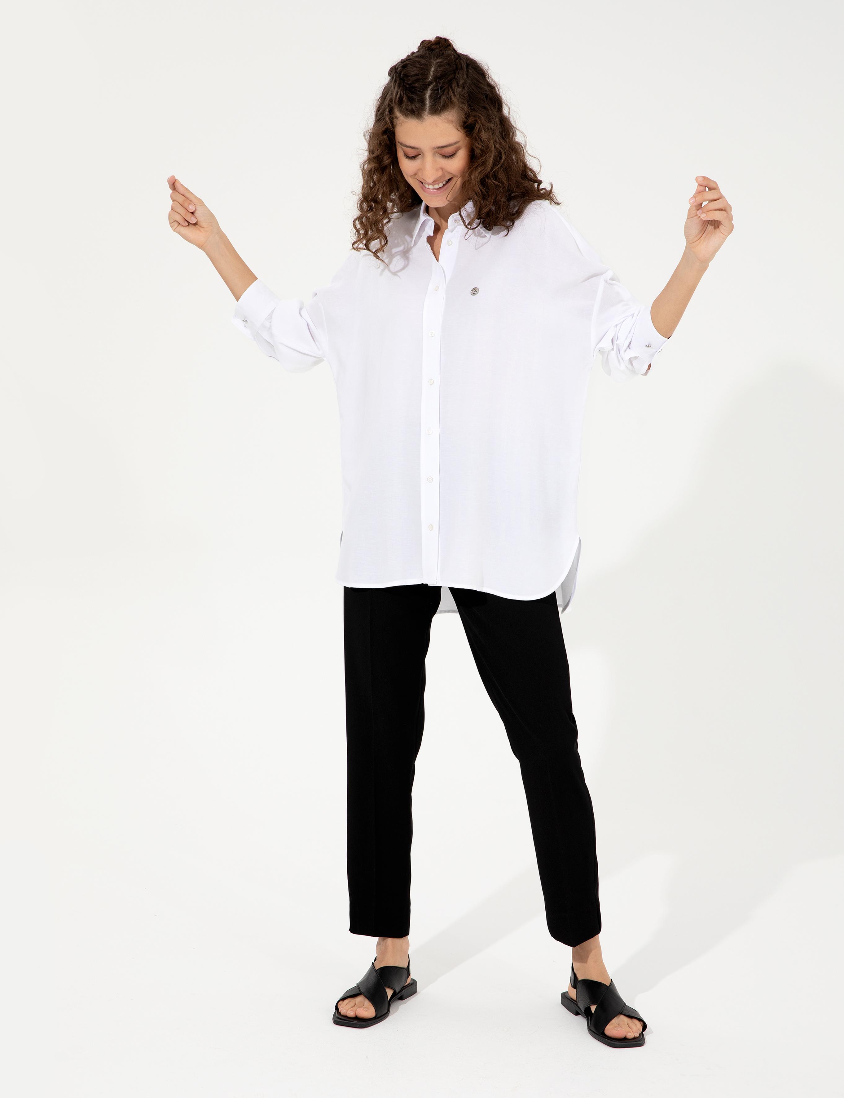 Beyaz Keten Karışımlı Gömlek