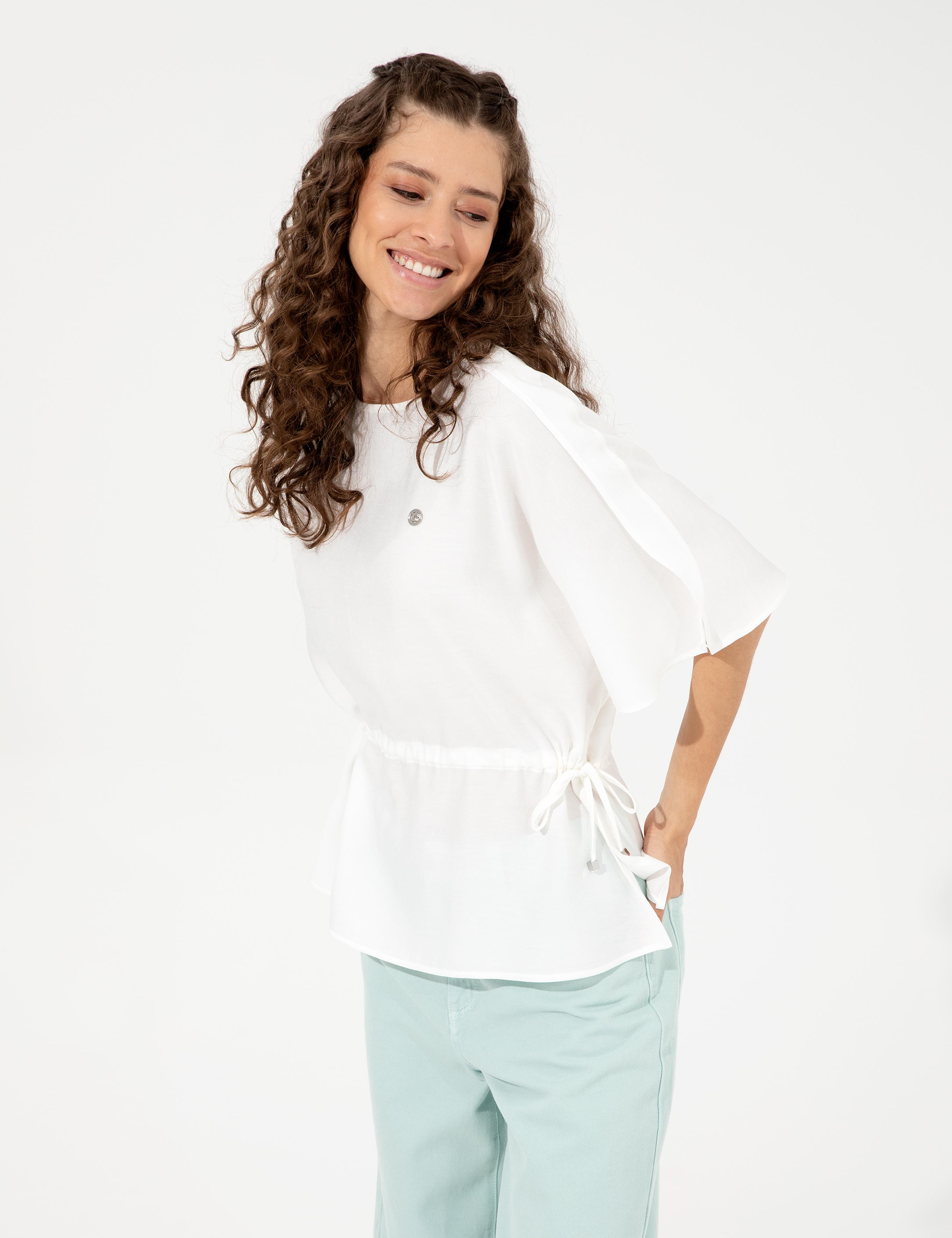 Beyaz Keten Karışımlı Bluz