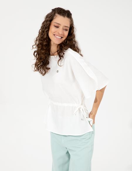 Beyaz Keten Karışımlı Bluz - 50247446001