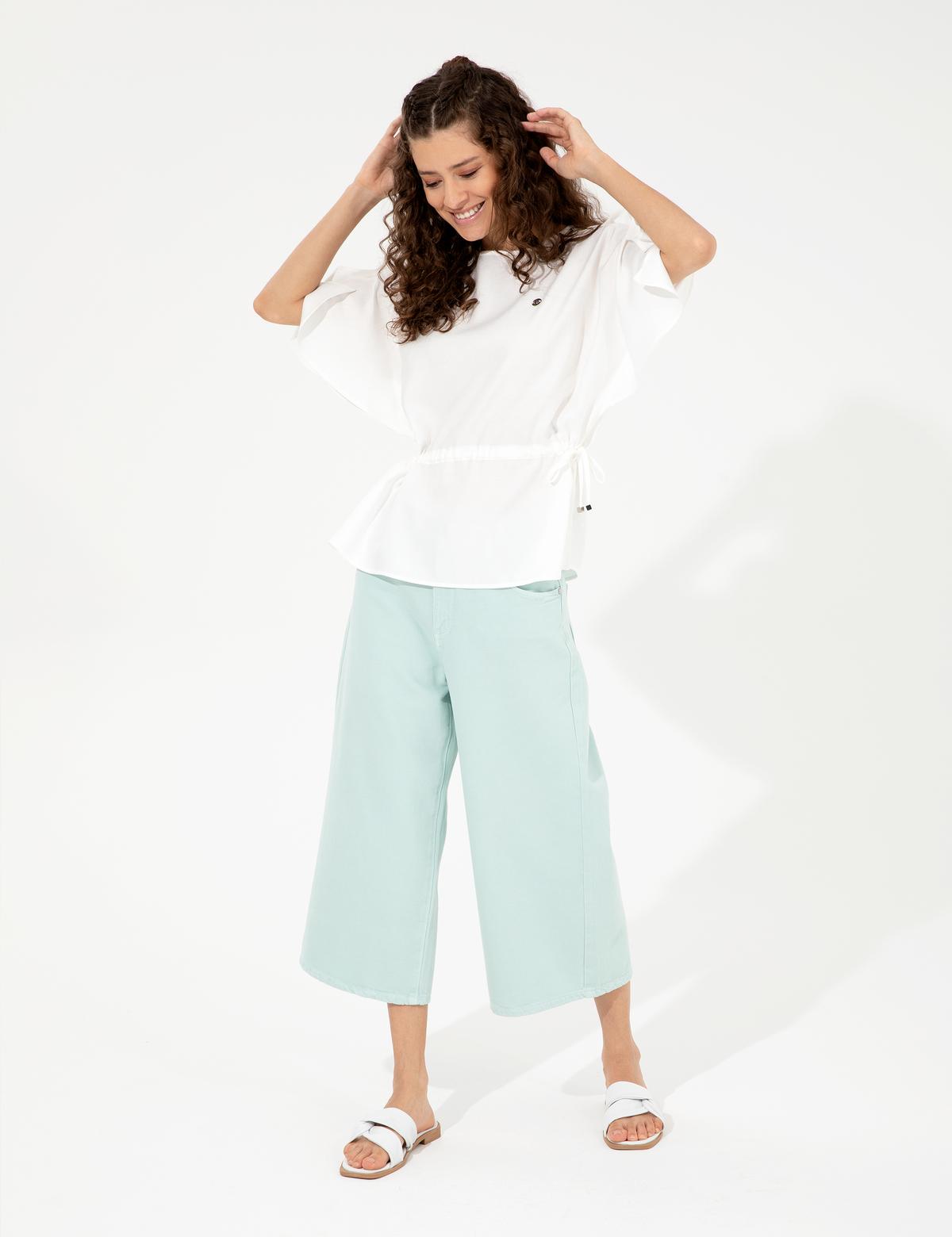 Beyaz Keten Karışımlı Bluz - 50247446001