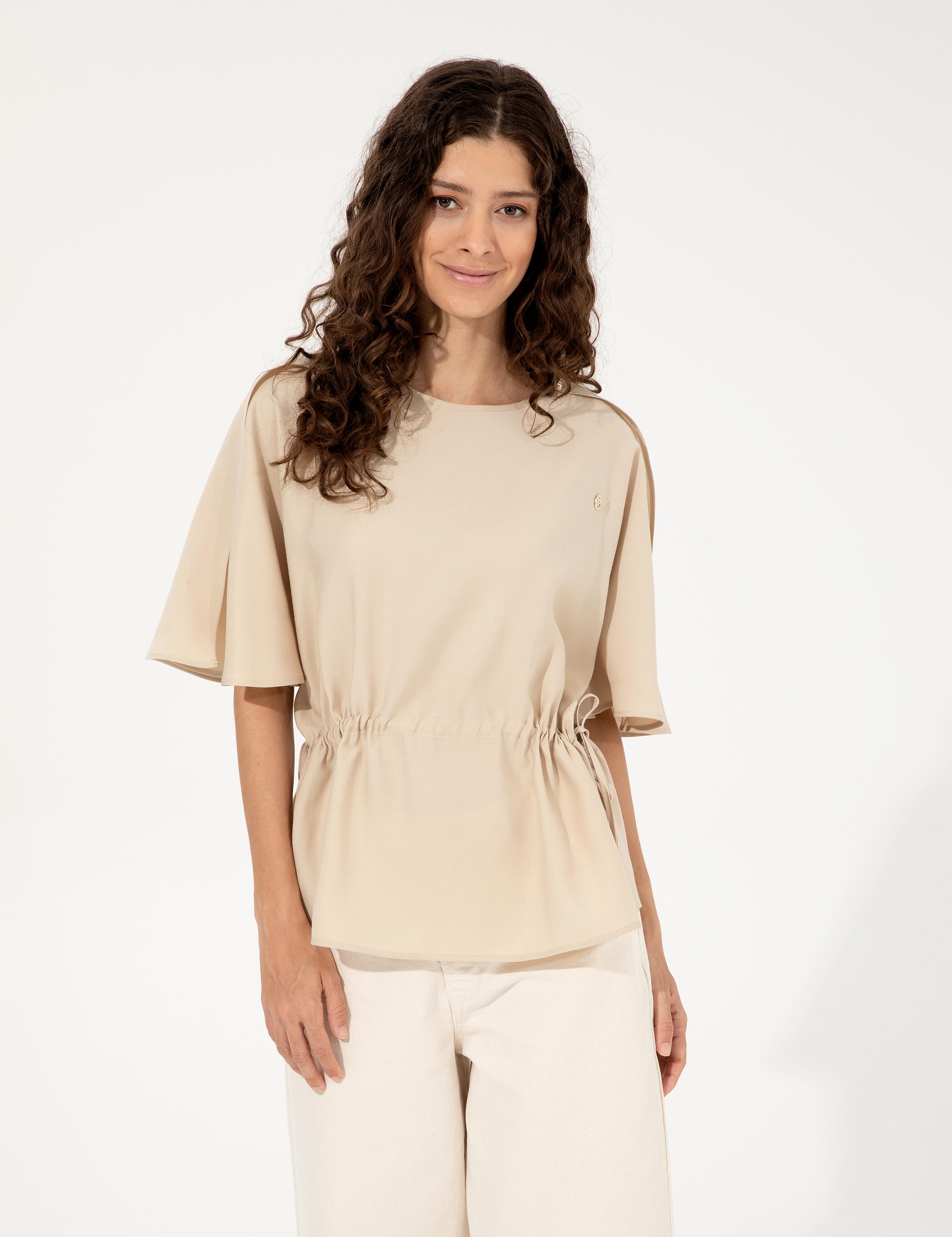 Bej Keten Karışımlı Bluz