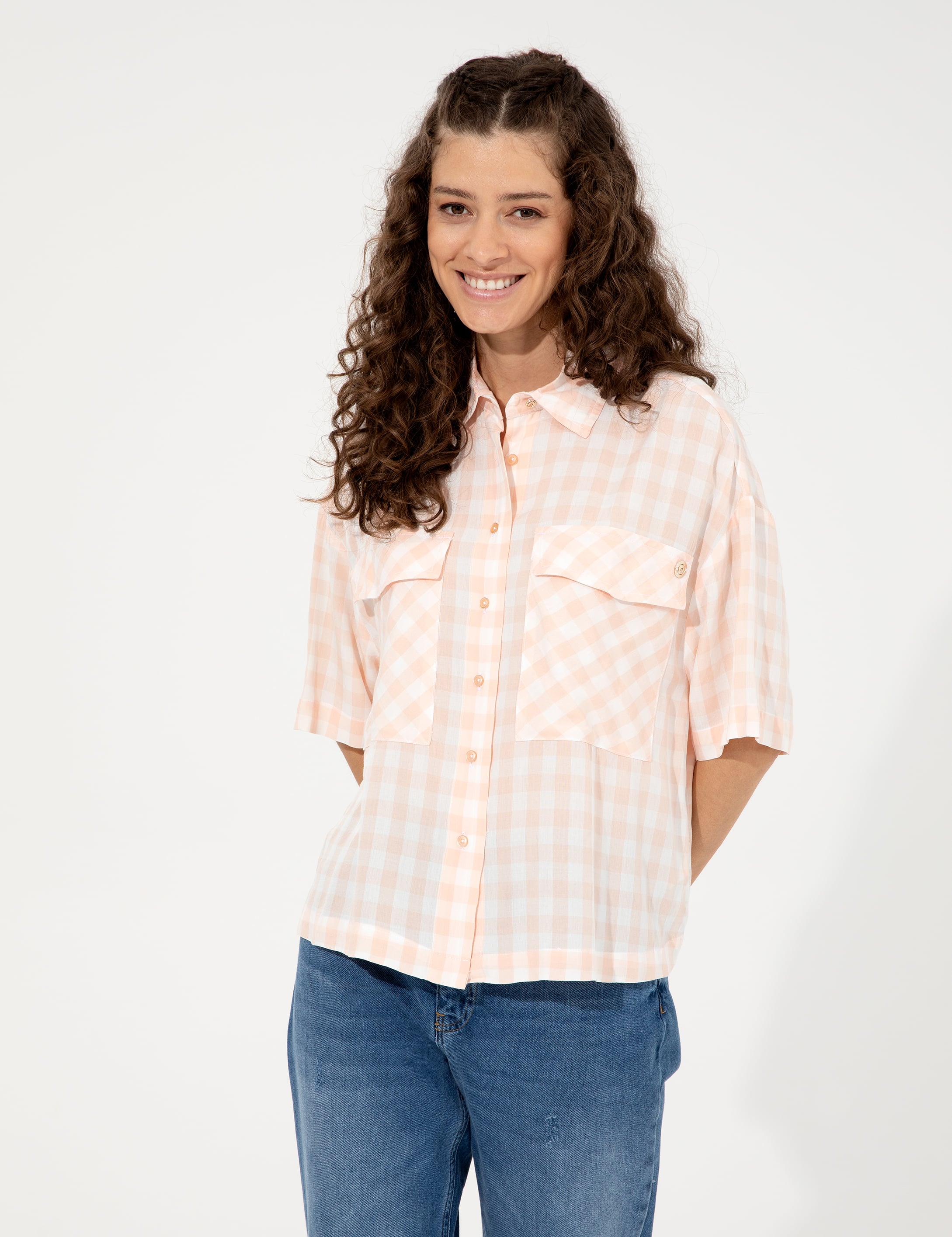 Pembe Kareli Crop Kısa Kollu Gömlek - Image 3
