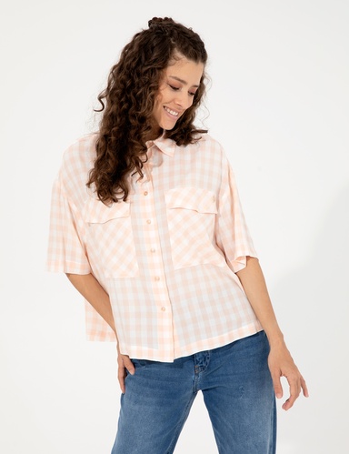 Pembe Kareli Crop Kısa Kollu Gömlek