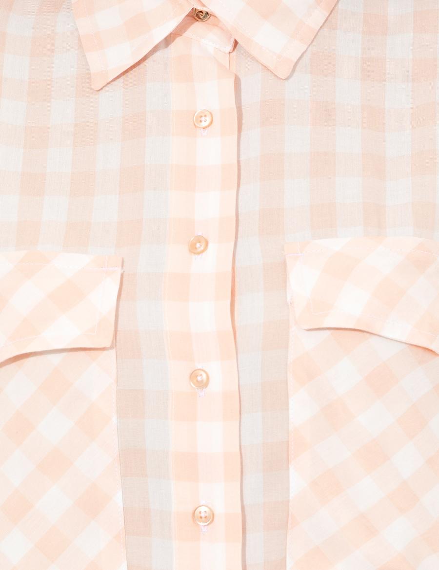 Pembe Kareli Crop Kısa Kollu Gömlek