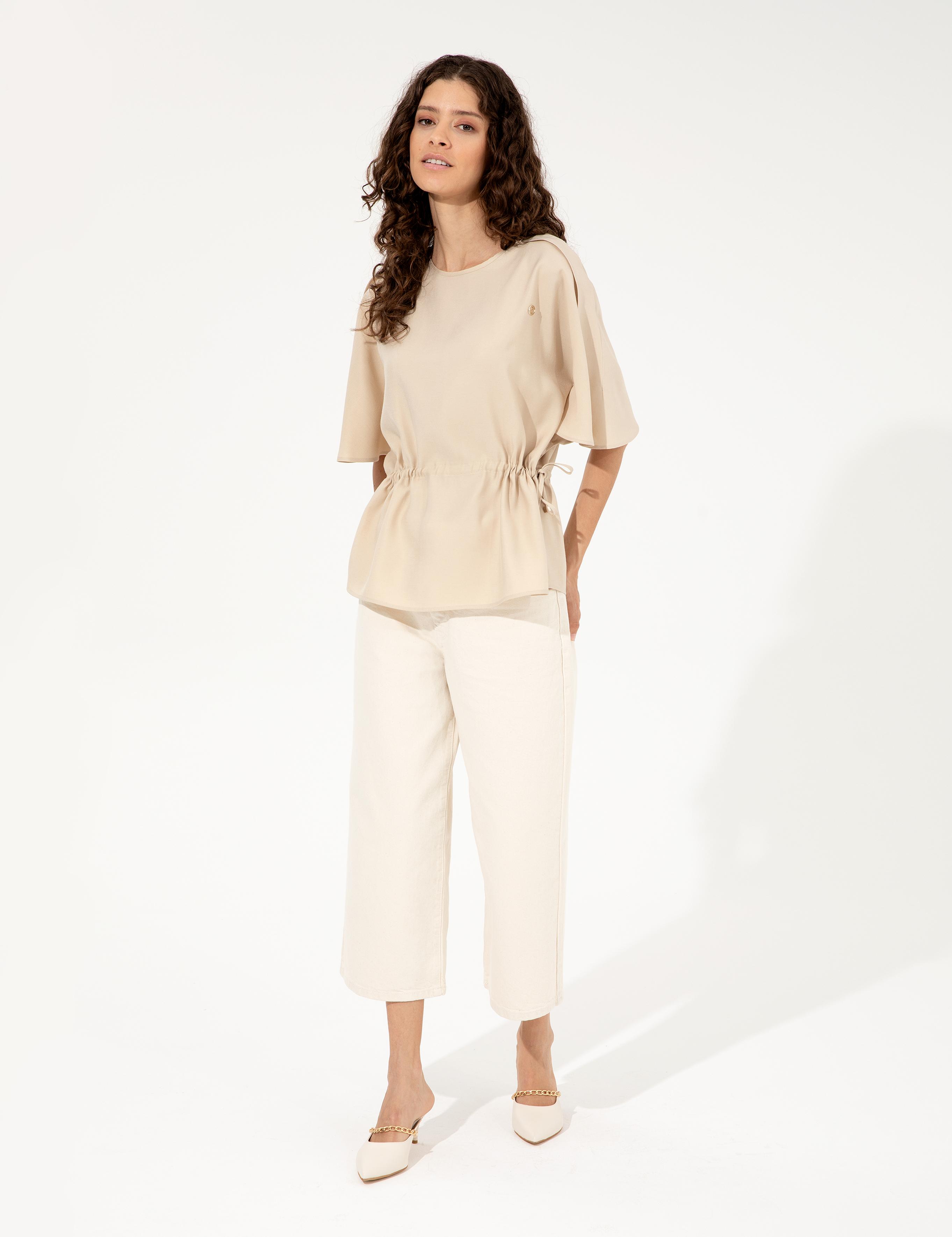 Bej Keten Karışımlı Bluz